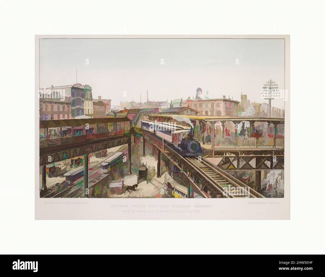 Arte ispirata a Chatham Square Elevated Railroad Crossing, 1850–1900, incisione in legno, colorata a mano, 11 x 8 1/2 poll. (27,9 x 21,6 cm), stampe, opere classiche modernizzate da Artotop con un tuffo di modernità. Forme, colore e valore, impatto visivo accattivante sulle emozioni artistiche attraverso la libertà delle opere d'arte in modo contemporaneo. Un messaggio senza tempo che persegue una nuova direzione selvaggiamente creativa. Artisti che si rivolgono al supporto digitale e creano l'NFT Artotop Foto Stock