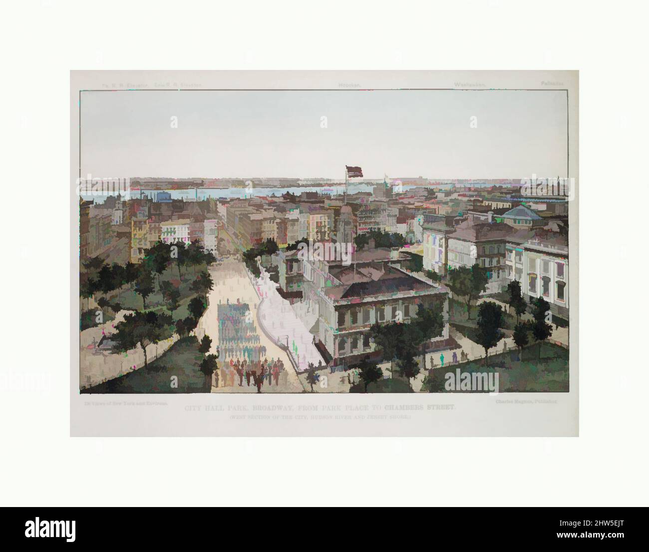 Arte ispirata a City Hall Park, Broadway, da Park Place a Chambers Street (sezione ovest della città, fiume Hudson e Jersey Shore), 1850–1900, incisione in legno, colorata a mano, 11 x 8 1/2 pollici (27,9 x 21,6 cm), stampe, opere classiche modernizzate da Artotop con un tuffo di modernità. Forme, colore e valore, impatto visivo accattivante sulle emozioni artistiche attraverso la libertà delle opere d'arte in modo contemporaneo. Un messaggio senza tempo che persegue una nuova direzione selvaggiamente creativa. Artisti che si rivolgono al supporto digitale e creano l'NFT Artotop Foto Stock