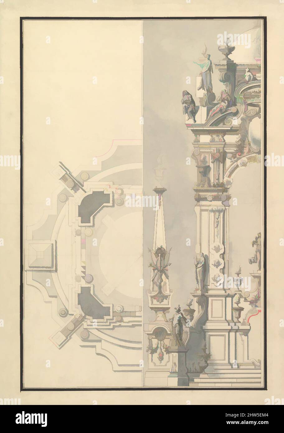 Arte ispirata a Half Elevation e Half Ground Plan per una catafalque per un'Electress Palatine, 1696–1756, penna, inchiostro marrone e grigio lavaggio, 20 x 14-1/4 pollici. (50,8 x 36,2 cm), disegni, laboratorio di Giuseppe Galli Bibiena (Italiano, Parma 1696–1756 Berlino, opere classiche modernizzate da Artotop con un tuffo di modernità. Forme, colore e valore, impatto visivo accattivante sulle emozioni artistiche attraverso la libertà delle opere d'arte in modo contemporaneo. Un messaggio senza tempo che persegue una nuova direzione selvaggiamente creativa. Artisti che si rivolgono al supporto digitale e creano l'NFT Artotop Foto Stock