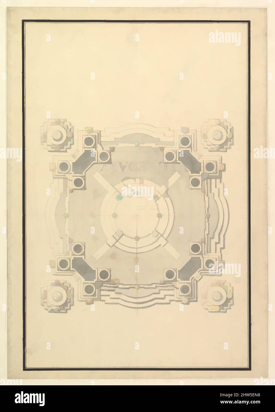 Arte ispirata da Ground Plan per una catafalque per Luigi, Delfino di Francia, d.. 1711, ca. 1711, penna, inchiostro marrone e grigio, 20-5/8 x 14-1/2 pollici (52,4 x 36,8 cm), disegni, laboratorio di Giuseppe Galli Bibiena (Italiano, Parma 1696–1756 Berlino, opere classiche modernizzate da Artotop con un tuffo di modernità. Forme, colore e valore, impatto visivo accattivante sulle emozioni artistiche attraverso la libertà delle opere d'arte in modo contemporaneo. Un messaggio senza tempo che persegue una nuova direzione selvaggiamente creativa. Artisti che si rivolgono al supporto digitale e creano l'NFT Artotop Foto Stock