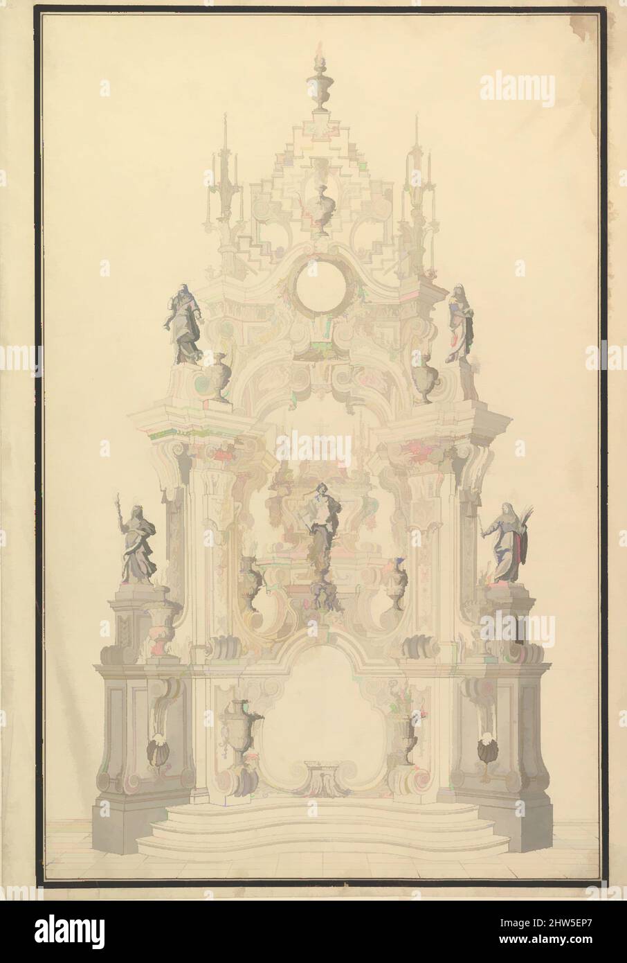 Arte ispirata all'elevazione di una catafalque con una corona reale che sormonta la cascata, 1696–1756, penna, inchiostro marrone e grigio lavaggio, 20-3/8 x 14-1/4 pollici. (51,8 x 36,2 cm), disegni, laboratorio di Giuseppe Galli Bibiena (Italiano, Parma 1696–1756 Berlino, opere classiche modernizzate da Artotop con un tuffo di modernità. Forme, colore e valore, impatto visivo accattivante sulle emozioni artistiche attraverso la libertà delle opere d'arte in modo contemporaneo. Un messaggio senza tempo che persegue una nuova direzione selvaggiamente creativa. Artisti che si rivolgono al supporto digitale e creano l'NFT Artotop Foto Stock