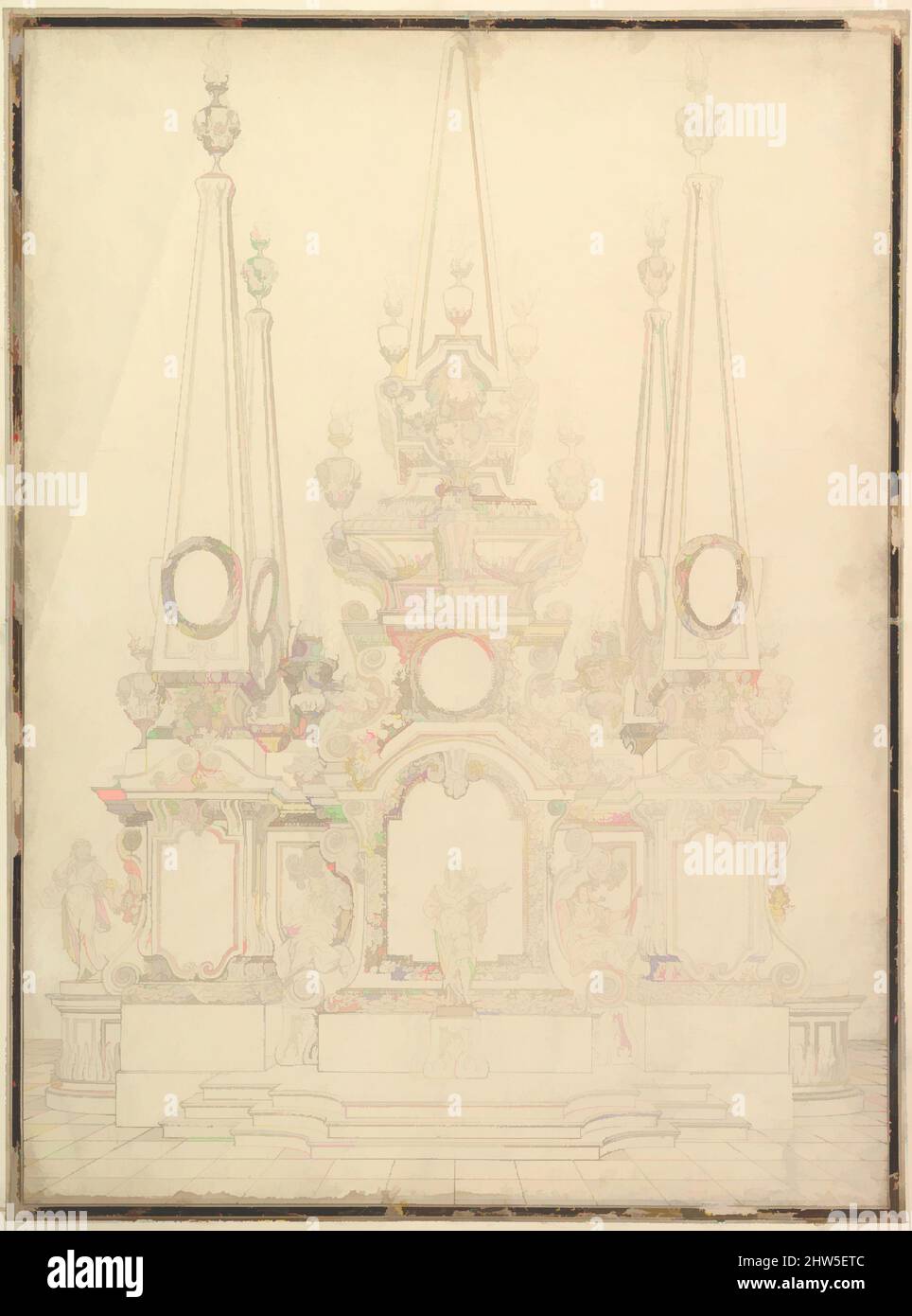 Arte ispirata all'elevazione di una catafalque: Quattro grandi obelischi agli angoli con uno grande che sormonta la Top., ca. 1720–40, penna e inchiostro marrone, 23-7/8 x 17-7/8 pollici (60,6 x 45,4 cm), laboratorio di Giuseppe Galli Bibiena (Parma 1696–1756 Berlino, opere classiche modernizzate da Artotop con un tuffo di modernità. Forme, colore e valore, impatto visivo accattivante sulle emozioni artistiche attraverso la libertà delle opere d'arte in modo contemporaneo. Un messaggio senza tempo che persegue una nuova direzione selvaggiamente creativa. Artisti che si rivolgono al supporto digitale e creano l'NFT Artotop Foto Stock