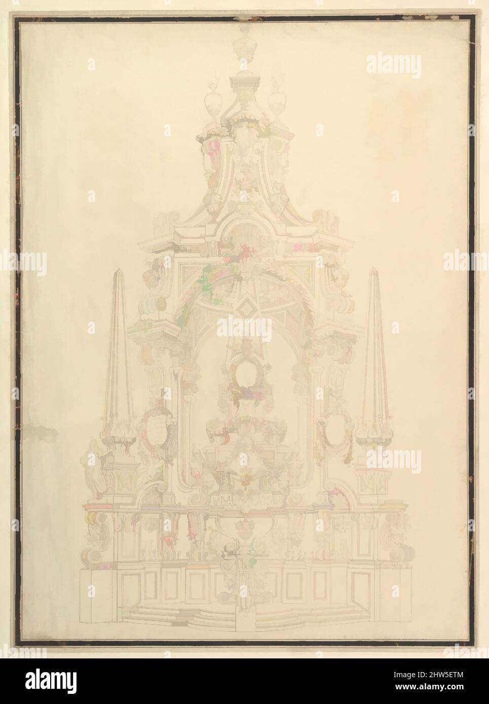 Arte ispirata all'elevazione di una catafalque: Obelischi agli angoli e uno nel Centro, ca. 1720–40, penna, inchiostro marrone e lavaggio, 23-1/2 x 17-3/8 pollici (59,7 x 44,1 cm), laboratorio di Giuseppe Galli Bibiena (Parma 1696–1756 Berlino, opere classiche modernizzate da Artotop con un tuffo di modernità. Forme, colore e valore, impatto visivo accattivante sulle emozioni artistiche attraverso la libertà delle opere d'arte in modo contemporaneo. Un messaggio senza tempo che persegue una nuova direzione selvaggiamente creativa. Artisti che si rivolgono al supporto digitale e creano l'NFT Artotop Foto Stock