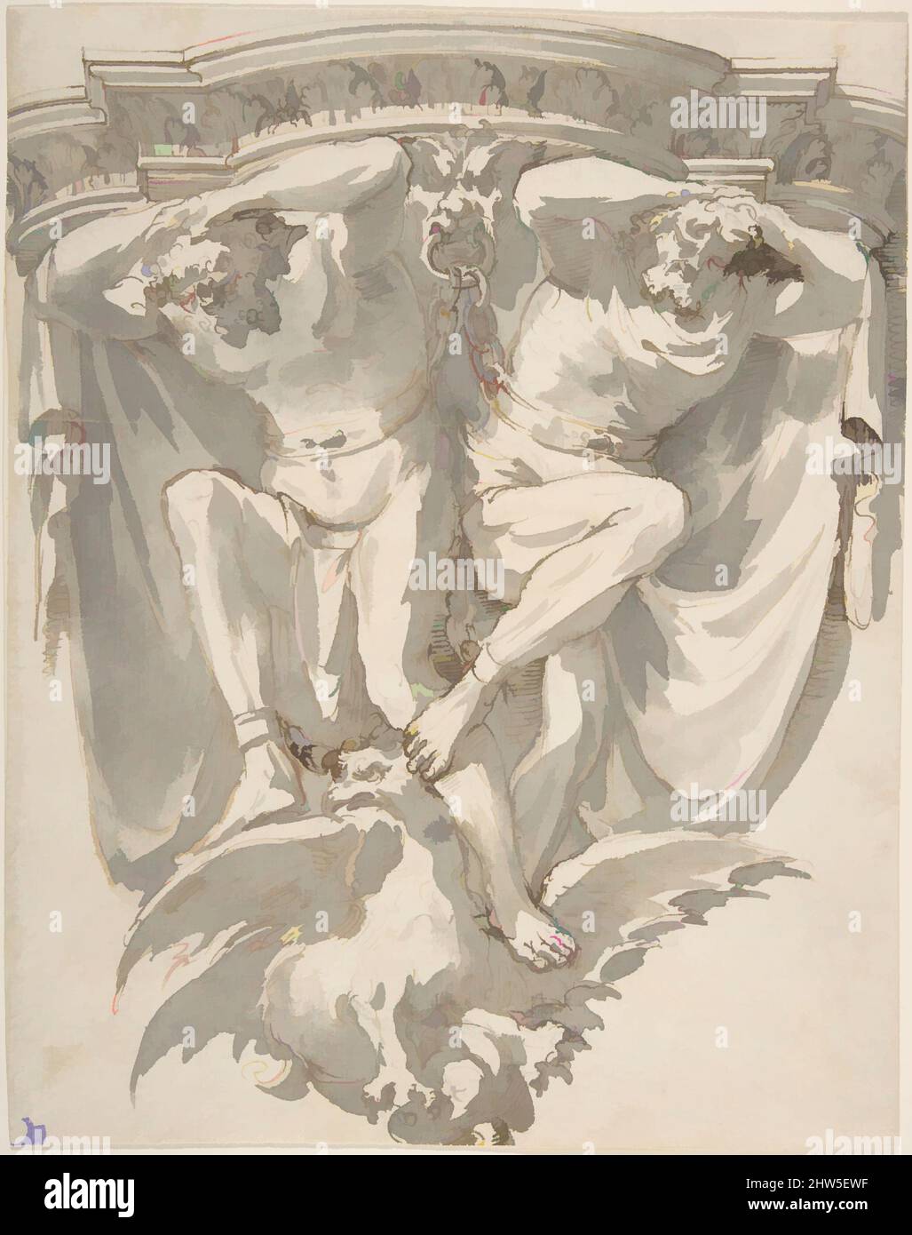 Art Inspired by Design for a decorated Console with two slave on Top of an Eagle, 1762–1844, Pen and Brown ink, brush and grey wash, 9- 5/16 x 7- 1/4 in. (23,6 x 18,4 cm), Giuseppe Bernardino Bison (italiano, Palmanova 1762–1844 Milano, opere classiche modernizzate da Artotop con un tocco di modernità. Forme, colore e valore, impatto visivo accattivante sulle emozioni artistiche attraverso la libertà delle opere d'arte in modo contemporaneo. Un messaggio senza tempo che persegue una nuova direzione selvaggiamente creativa. Artisti che si rivolgono al supporto digitale e creano l'NFT Artotop Foto Stock