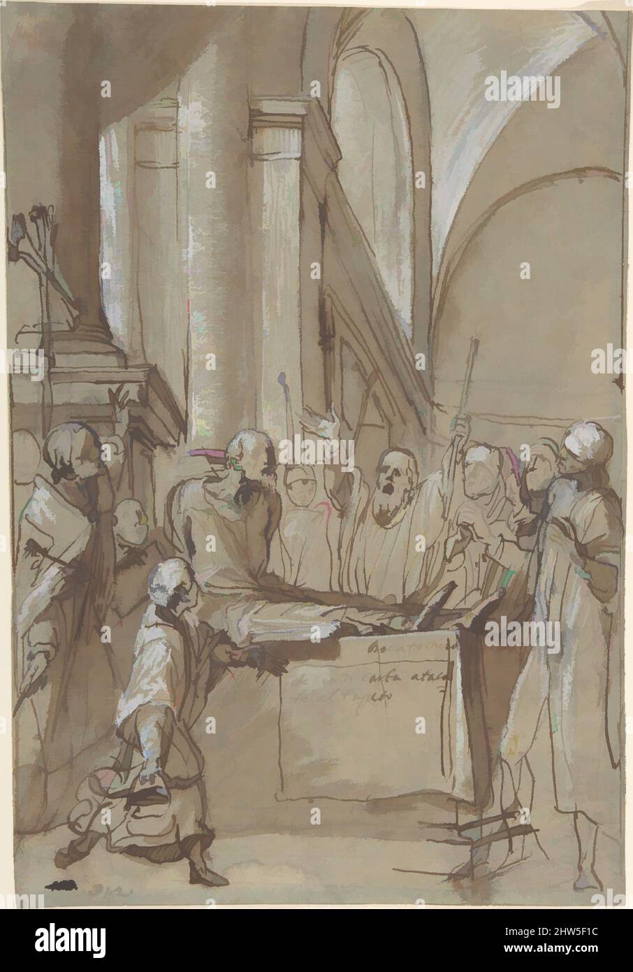 Arte ispirata da Raymond Diocrès parlare durante il suo funerale (dalla vita di San Bruno di Colonia), 1628–29, penna e inchiostro marrone scuro, pennello e lavaggio marrone, evidenziato con gouache bianco, su morbido gesso nero o leadpoint, 12 3/16 x 8 1/4 pollici. (31 x 21 cm), disegni, Daniele Crespi (, opere classiche modernizzate da Artotop con un tocco di modernità. Forme, colore e valore, impatto visivo accattivante sulle emozioni artistiche attraverso la libertà delle opere d'arte in modo contemporaneo. Un messaggio senza tempo che persegue una nuova direzione selvaggiamente creativa. Artisti che si rivolgono al supporto digitale e creano l'NFT Artotop Foto Stock