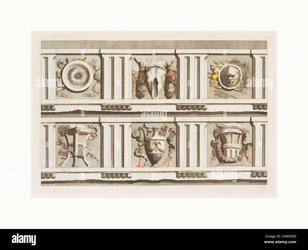 Arte ispirata a Semplare di Alcuni ornati, per la Gioventù amante del legno, 18th secolo, incisione, totale: 9 11/16 x 13 15/16 x 3/8 pollici. (24,6 x 35,4 x 0,9 cm), Libri, piatto 12-14 dopo Antoine Babuty Desgodets (francese, 1653–1728) dopo l'antichità, piatto 9 dopo Antoine le Pautre (, opere classiche modernizzate da Artotop con un tuffo di modernità. Forme, colore e valore, impatto visivo accattivante sulle emozioni artistiche attraverso la libertà delle opere d'arte in modo contemporaneo. Un messaggio senza tempo che persegue una nuova direzione selvaggiamente creativa. Artisti che si rivolgono al supporto digitale e creano l'NFT Artotop Foto Stock