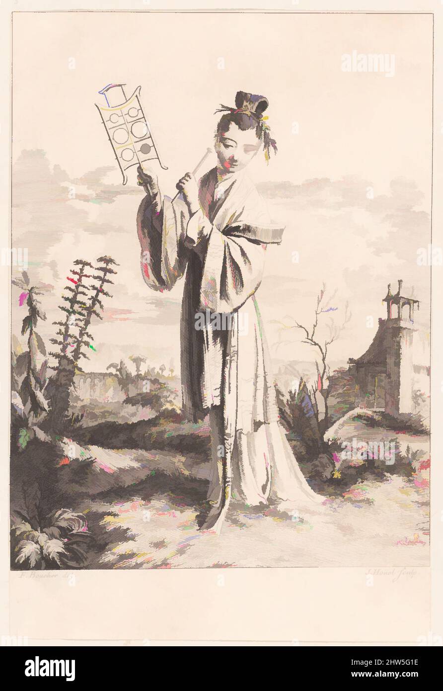 Arte ispirata alla Chinoiserie con una donna che suona uno strumento musicale, da Suite de Figures Chinoises. . Tiré du Cabinet de MR. D'Azaincourt (Serie di figure Chinoiserie. . Dalle Camere del Sig. D'Azaincourt), metà del 18th secolo, incisione e incisione, foglio: 8 3/8 x 5 11/16 in, opere classiche modernizzate da Artotop con un tuffo di modernità. Forme, colore e valore, impatto visivo accattivante sulle emozioni artistiche attraverso la libertà delle opere d'arte in modo contemporaneo. Un messaggio senza tempo che persegue una nuova direzione selvaggiamente creativa. Artisti che si rivolgono al supporto digitale e creano l'NFT Artotop Foto Stock