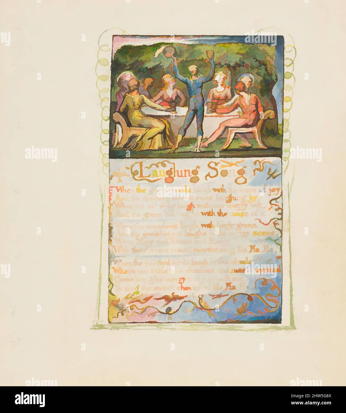 Arte ispirata da canti di Innocenza e di esperienza: Canzone ridente, ca. 1825, rilievo incisione stampato in inchiostro arancione-marrone e colorato a mano con acquerello e oro, foglio: 6 3/16 x 5 9/16 pollici (15,7 x 14,1 cm), Prints, William Blake (British, Londra 1757–1827 Londra, opere classiche modernizzate da Artotop con un tuffo di modernità. Forme, colore e valore, impatto visivo accattivante sulle emozioni artistiche attraverso la libertà delle opere d'arte in modo contemporaneo. Un messaggio senza tempo che persegue una nuova direzione selvaggiamente creativa. Artisti che si rivolgono al supporto digitale e creano l'NFT Artotop Foto Stock