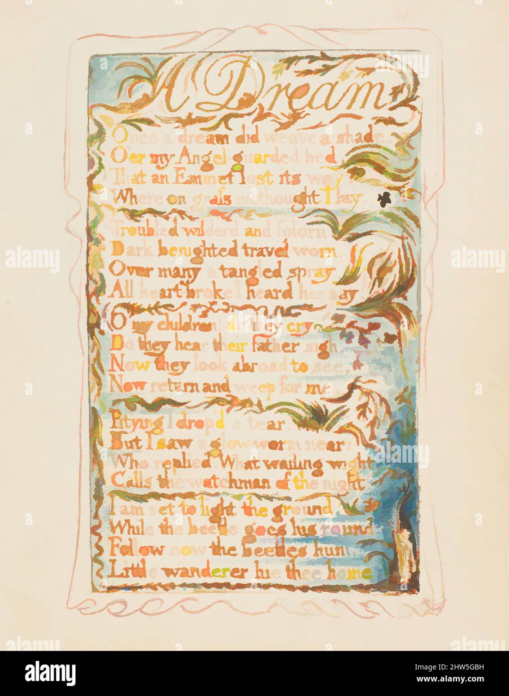 Arte ispirata da canti di Innocenza e di esperienza: Un sogno, ca. 1825, rilievo incisione stampato in inchiostro arancione-marrone e colorato a mano con acquerello e oro, foglio: 6 3/16 x 5 9/16 pollici (15,7 x 14,1 cm), Prints, William Blake (British, Londra 1757–1827 Londra, opere classiche modernizzate da Artotop con un tuffo di modernità. Forme, colore e valore, impatto visivo accattivante sulle emozioni artistiche attraverso la libertà delle opere d'arte in modo contemporaneo. Un messaggio senza tempo che persegue una nuova direzione selvaggiamente creativa. Artisti che si rivolgono al supporto digitale e creano l'NFT Artotop Foto Stock
