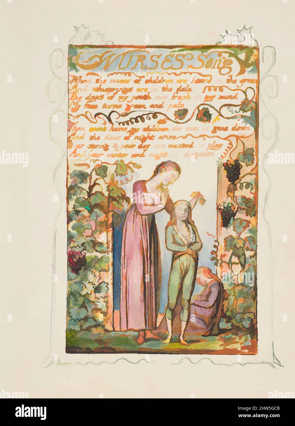 Arte ispirata da canti di innocenza e di esperienza: Nurses Song, ca. 1825, rilievo incisione stampato in inchiostro arancione-marrone e colorato a mano con acquerello e oro, foglio: 6 3/16 x 5 9/16 pollici (15,7 x 14,1 cm), Prints, William Blake (British, Londra 1757–1827 Londra, opere classiche modernizzate da Artotop con un tuffo di modernità. Forme, colore e valore, impatto visivo accattivante sulle emozioni artistiche attraverso la libertà delle opere d'arte in modo contemporaneo. Un messaggio senza tempo che persegue una nuova direzione selvaggiamente creativa. Artisti che si rivolgono al supporto digitale e creano l'NFT Artotop Foto Stock
