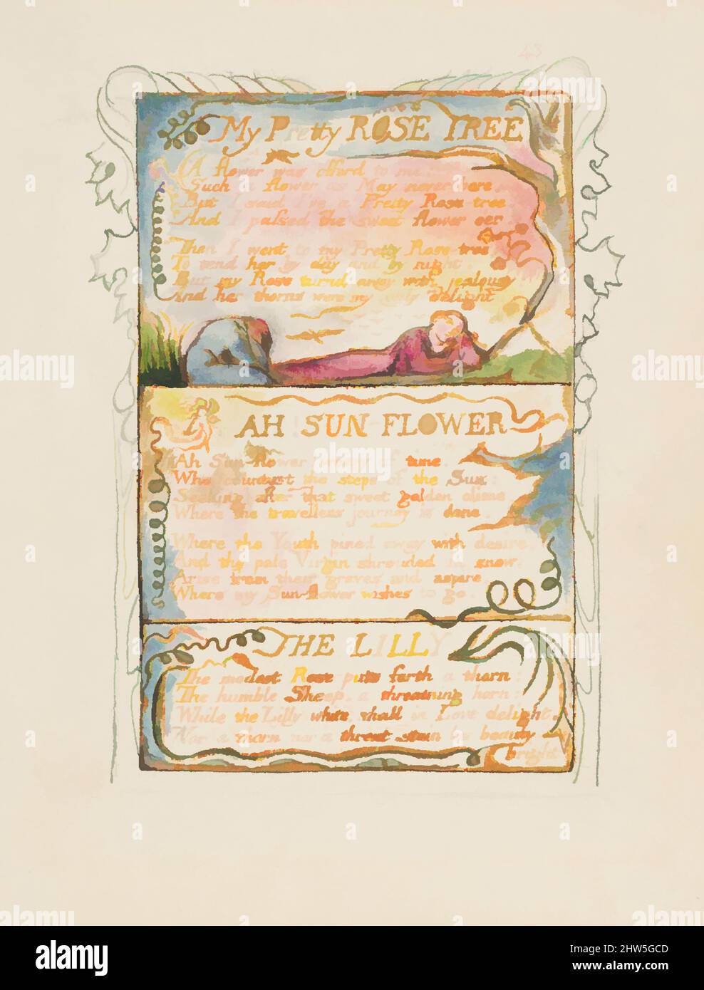 Arte ispirata da canti di Innocenza e di esperienza: Il mio albero di rose Pretty, Ah! Sole-Fiore, il Giglio, ca. 1825, rilievo incisione stampato in inchiostro arancione-marrone e colorato a mano con acquerello e oro, foglio: 6 3/16 x 5 9/16 pollici (15,7 x 14,1 cm), Prints, William Blake (British, London 1757–, opere classiche modernizzate da Artotop con un tuffo di modernità. Forme, colore e valore, impatto visivo accattivante sulle emozioni artistiche attraverso la libertà delle opere d'arte in modo contemporaneo. Un messaggio senza tempo che persegue una nuova direzione selvaggiamente creativa. Artisti che si rivolgono al supporto digitale e creano l'NFT Artotop Foto Stock