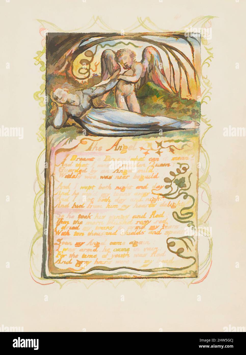 Arte ispirata da canti di Innocenza e di esperienza: L'Angelo, ca. 1825, rilievo incisione stampato in inchiostro arancione-marrone e colorato a mano con acquerello e oro, foglio: 6 3/16 x 5 9/16 pollici (15,7 x 14,1 cm), Prints, William Blake (British, Londra 1757–1827 Londra, opere classiche modernizzate da Artotop con un tuffo di modernità. Forme, colore e valore, impatto visivo accattivante sulle emozioni artistiche attraverso la libertà delle opere d'arte in modo contemporaneo. Un messaggio senza tempo che persegue una nuova direzione selvaggiamente creativa. Artisti che si rivolgono al supporto digitale e creano l'NFT Artotop Foto Stock