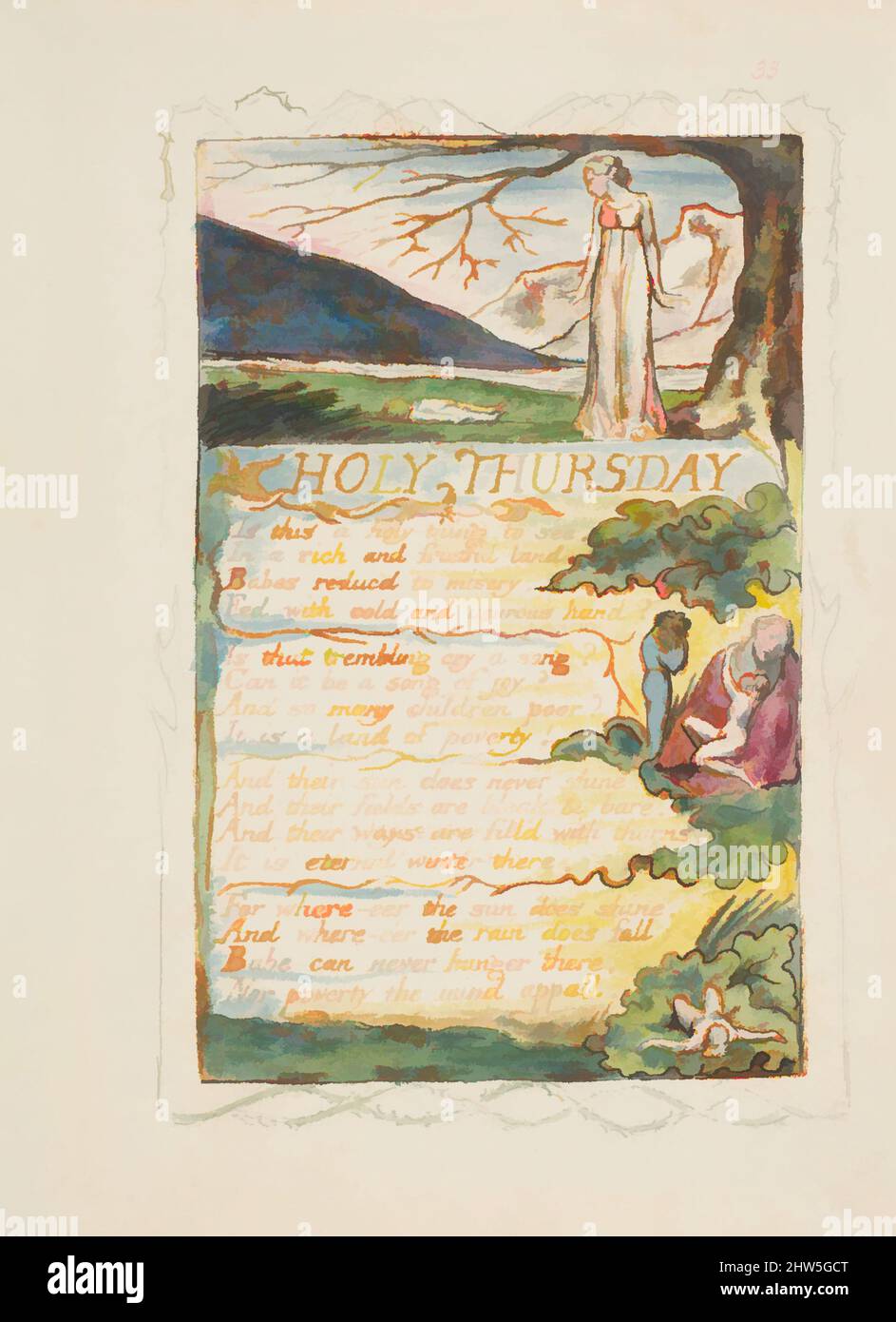 Arte ispirata da canti di Innocenza e di esperienza: Giovedì Santo, ca. 1825, rilievo incisione stampato in inchiostro arancione-marrone e colorato a mano con acquerello e oro, foglio: 6 3/16 x 5 9/16 pollici (15,7 x 14,1 cm), Prints, William Blake (British, Londra 1757–1827 Londra, opere classiche modernizzate da Artotop con un tuffo di modernità. Forme, colore e valore, impatto visivo accattivante sulle emozioni artistiche attraverso la libertà delle opere d'arte in modo contemporaneo. Un messaggio senza tempo che persegue una nuova direzione selvaggiamente creativa. Artisti che si rivolgono al supporto digitale e creano l'NFT Artotop Foto Stock