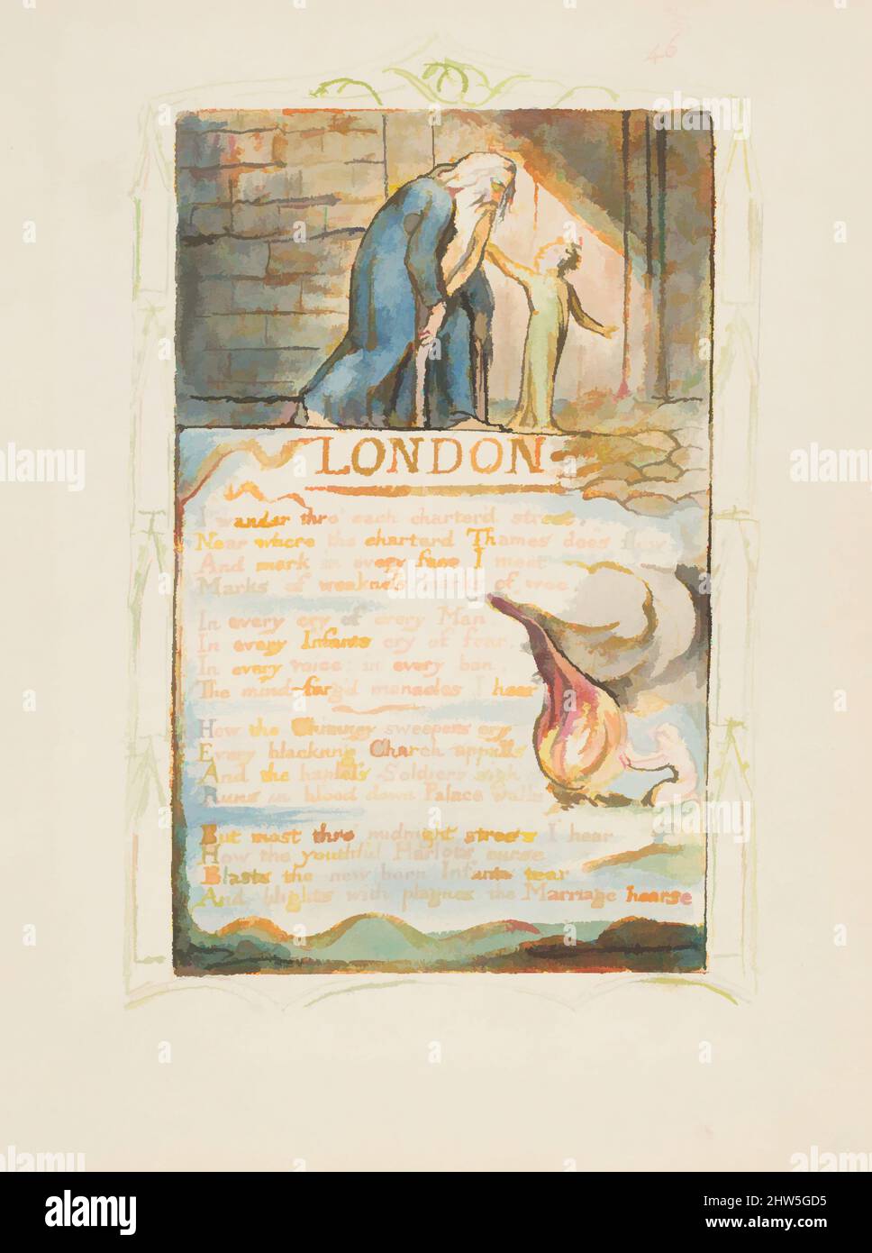 Arte ispirata da canti di Innocenza e di esperienza: Londra, ca. 1825, rilievo incisione stampato in inchiostro arancione-marrone e colorato a mano con acquerello e oro, foglio: 6 3/16 x 5 9/16 pollici (15,7 x 14,1 cm), Prints, William Blake (British, Londra 1757–1827 Londra, opere classiche modernizzate da Artotop con un tuffo di modernità. Forme, colore e valore, impatto visivo accattivante sulle emozioni artistiche attraverso la libertà delle opere d'arte in modo contemporaneo. Un messaggio senza tempo che persegue una nuova direzione selvaggiamente creativa. Artisti che si rivolgono al supporto digitale e creano l'NFT Artotop Foto Stock