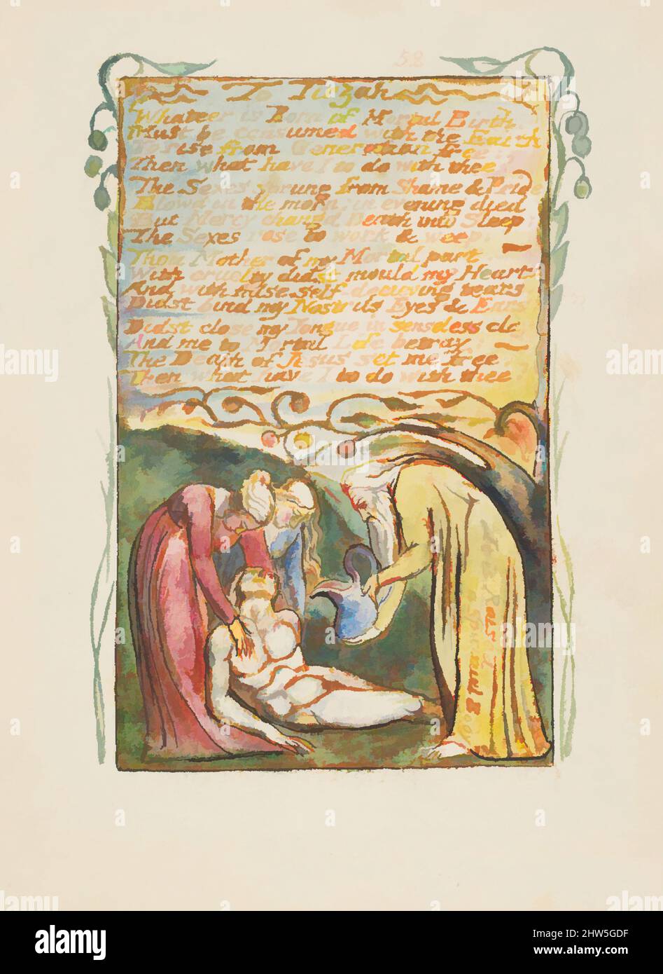 Arte ispirata da canti di Innocenza e di esperienza: A Tirzah, ca. 1825, rilievo incisione stampato in inchiostro arancione-marrone e colorato a mano con acquerello e oro, foglio: 6 3/16 x 5 9/16 pollici (15,7 x 14,1 cm), Prints, William Blake (British, Londra 1757–1827 Londra, opere classiche modernizzate da Artotop con un tuffo di modernità. Forme, colore e valore, impatto visivo accattivante sulle emozioni artistiche attraverso la libertà delle opere d'arte in modo contemporaneo. Un messaggio senza tempo che persegue una nuova direzione selvaggiamente creativa. Artisti che si rivolgono al supporto digitale e creano l'NFT Artotop Foto Stock