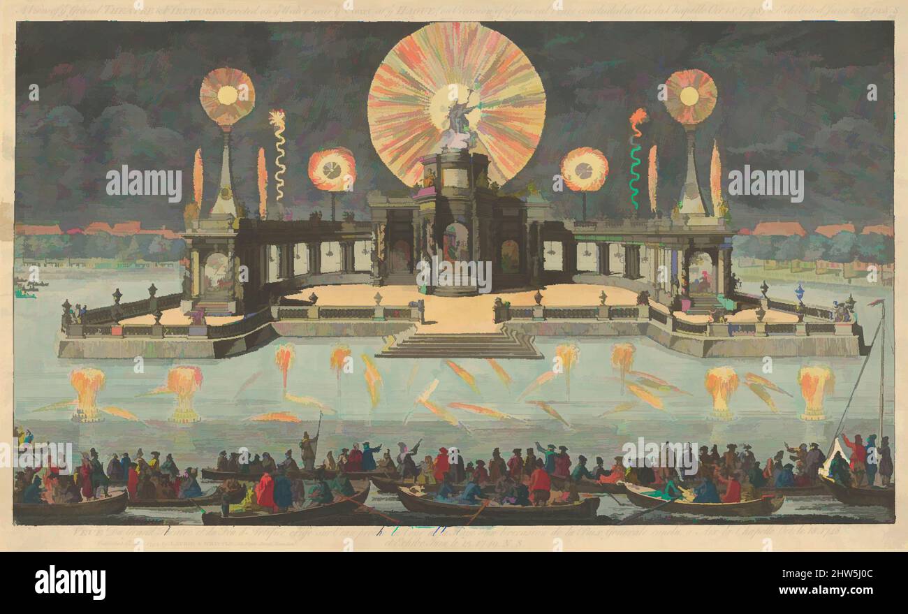 Arte ispirata Da Una vista di YE Grand Theatre & fuochi d'artificio eretti su di voi acqua vicino a YE Court a YE Hague (in occasione di voi la Pace generale si è conclusa ad Aix la Chapelle. Ott. 18. 1748) ed esposto il 13 giugno 1749, 1794, acquaforte, a mano, Piastra: 10 9/16 x 17 1/2 poll. (26,8 x 44,5 cm), stampe, opere classiche modernizzate da Artotop con un tuffo di modernità. Forme, colore e valore, impatto visivo accattivante sulle emozioni artistiche attraverso la libertà delle opere d'arte in modo contemporaneo. Un messaggio senza tempo che persegue una nuova direzione selvaggiamente creativa. Artisti che si rivolgono al supporto digitale e creano l'NFT Artotop Foto Stock