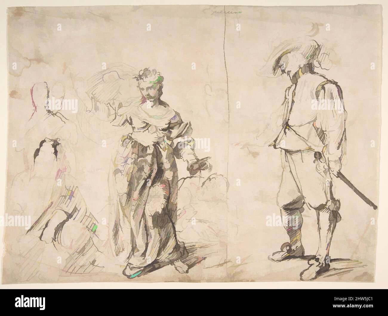 Art Inspired by Sheet with Figure Studies (doppio lato), 17th Century, inchiostro Pen e marrone, foglio: 8 7/8 x 12 poll. (22,6 x 30,5 cm), disegni, Pietro Novelli, chiamato il Monrealese (italiano, Monreale 1603–1647 Palermo, opere classiche modernizzate da Artotop con un tuffo di modernità. Forme, colore e valore, impatto visivo accattivante sulle emozioni artistiche attraverso la libertà delle opere d'arte in modo contemporaneo. Un messaggio senza tempo che persegue una nuova direzione selvaggiamente creativa. Artisti che si rivolgono al supporto digitale e creano l'NFT Artotop Foto Stock