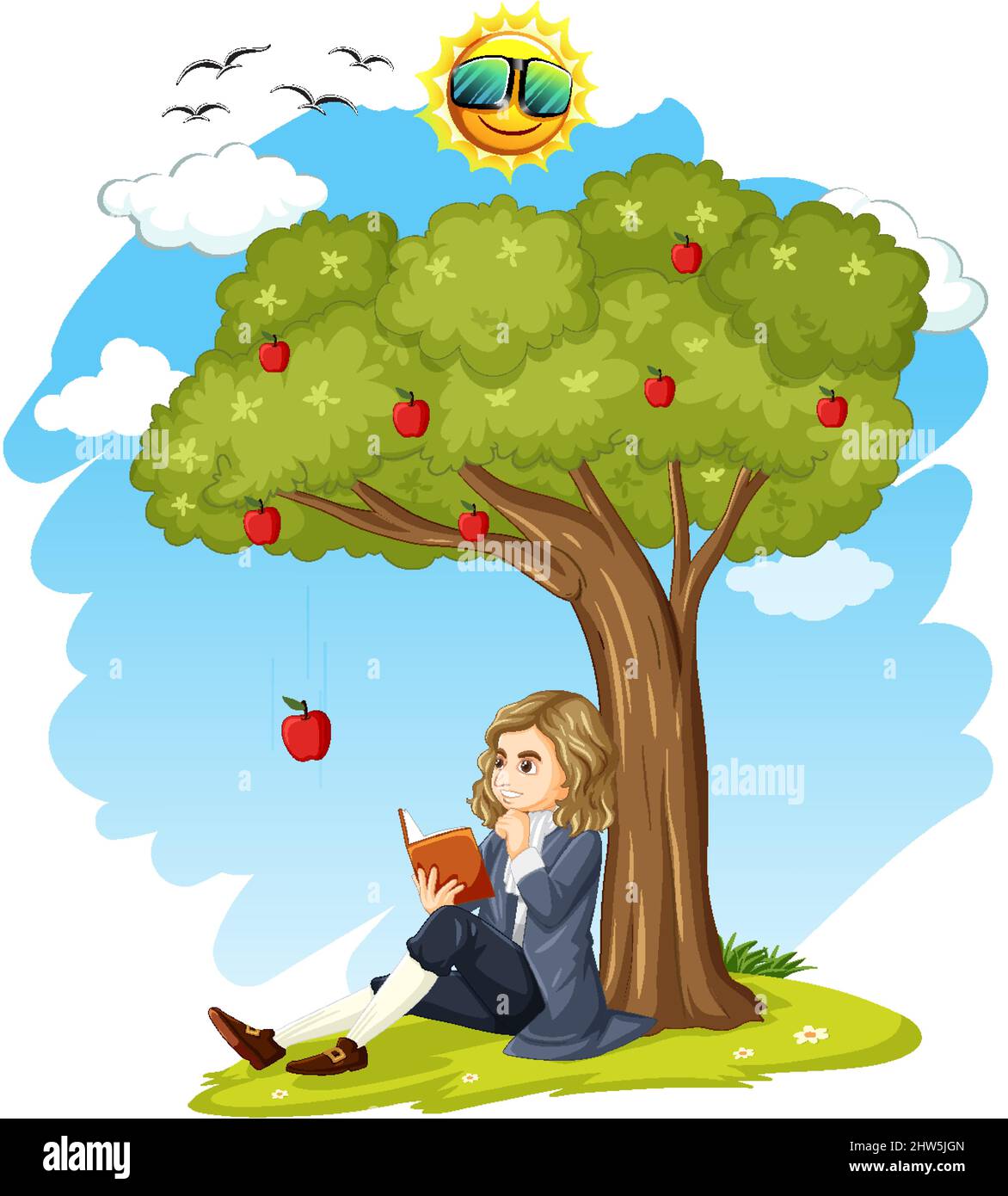 Isaac Newton seduto sotto l'illustrazione dell'albero della mela Illustrazione Vettoriale