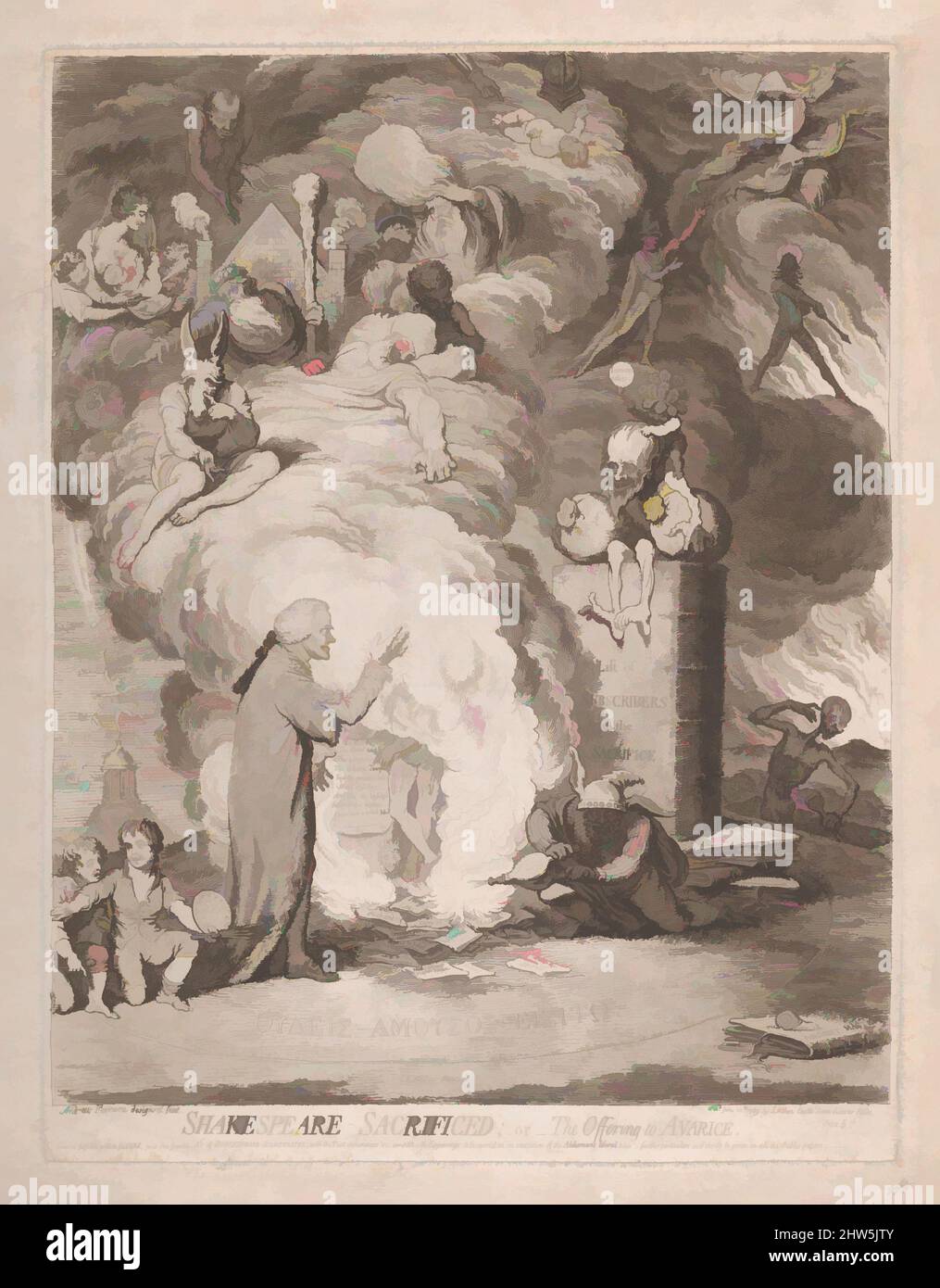 Arte ispirata da Shakespeare – sacrificata; o, l'offerta di avarizia, 20 giugno 1789, acquaforte e aquatint; stato non descritto, immagine: 18 5/8 x 14 15/16 pollici (47,3 x 37,9 cm), Prints, James Gillray (British, Chelsea 1756–1815 London), tra il 1789 e il 1805, l'editore John Boydell Ran, opere classiche modernizzate da Artotop con un tuffo di modernità. Forme, colore e valore, impatto visivo accattivante sulle emozioni artistiche attraverso la libertà delle opere d'arte in modo contemporaneo. Un messaggio senza tempo che persegue una nuova direzione selvaggiamente creativa. Artisti che si rivolgono al supporto digitale e creano l'NFT Artotop Foto Stock