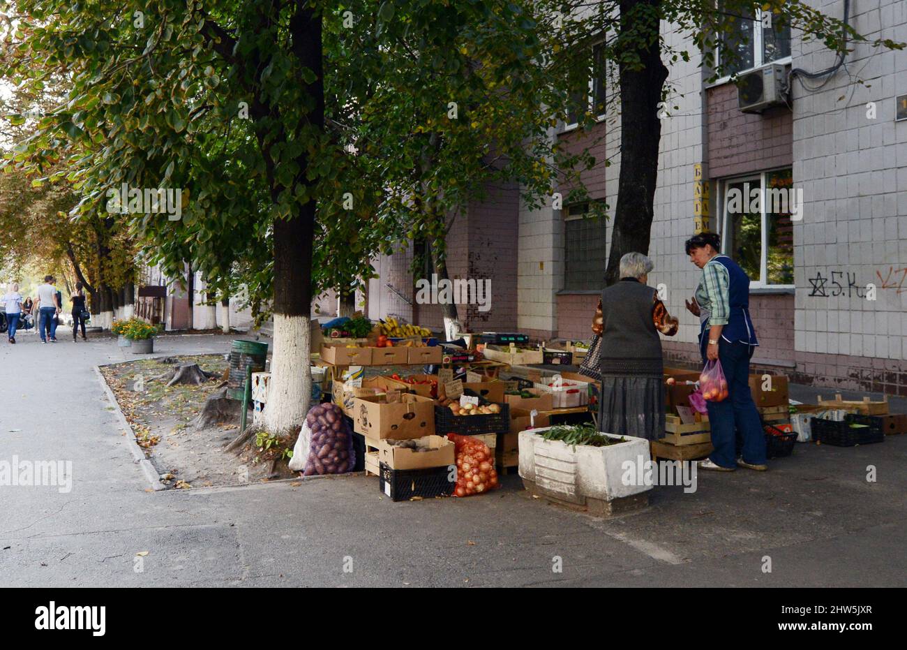 Una donna Ucraina che vende frutta in un angolo di strada a Kiev, Ucraina. Foto Stock