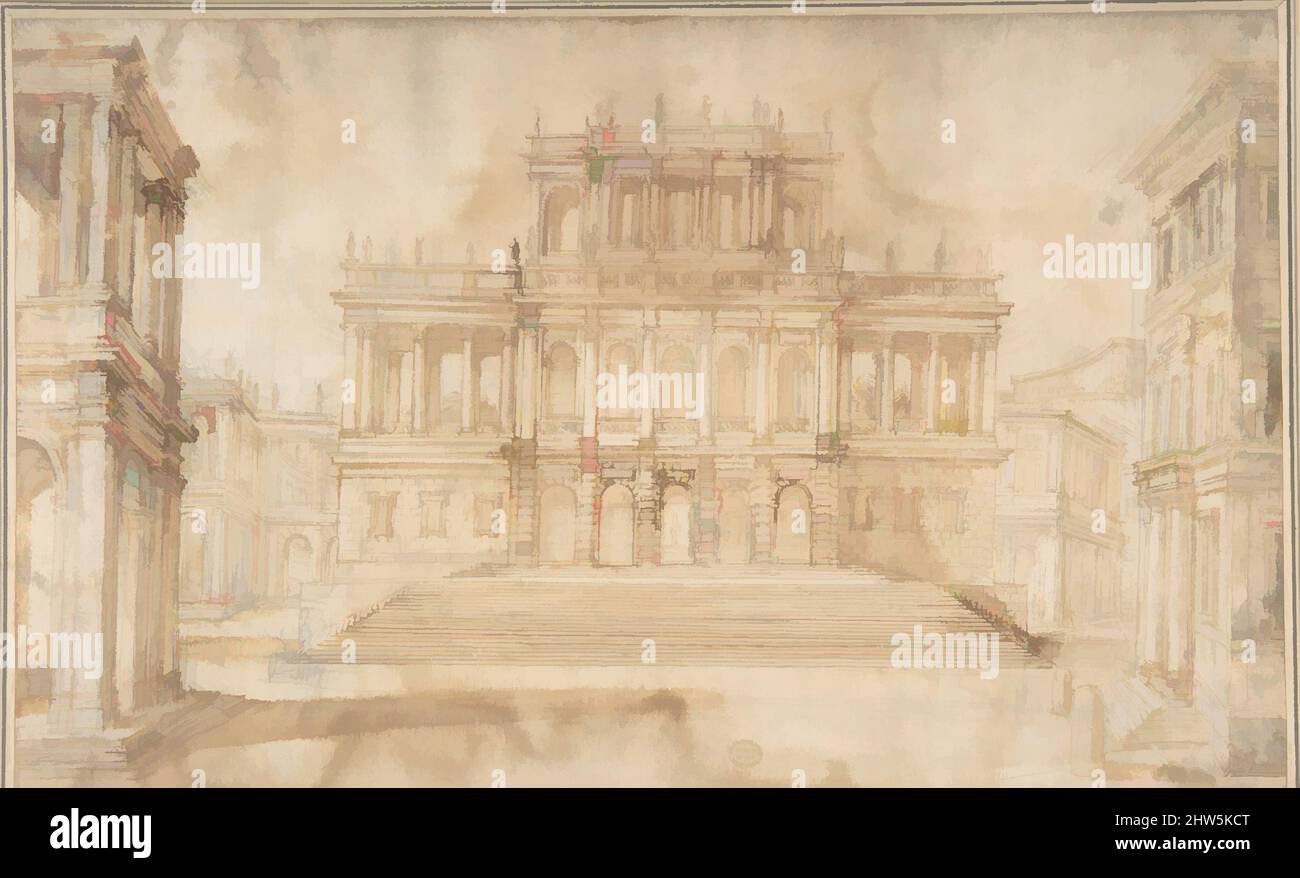 Arte ispirata al Design for Stage Set con Palazzo porticato del 18th secolo, penna, inchiostro marrone e lavaggio su gesso nero, totale: 10 3/8 x 16 3/4 pollici. (26,4 x 42,5 cm), disegni, opere classiche modernizzate da Artotop con un tocco di modernità. Forme, colore e valore, impatto visivo accattivante sulle emozioni artistiche attraverso la libertà delle opere d'arte in modo contemporaneo. Un messaggio senza tempo che persegue una nuova direzione selvaggiamente creativa. Artisti che si rivolgono al supporto digitale e creano l'NFT Artotop Foto Stock