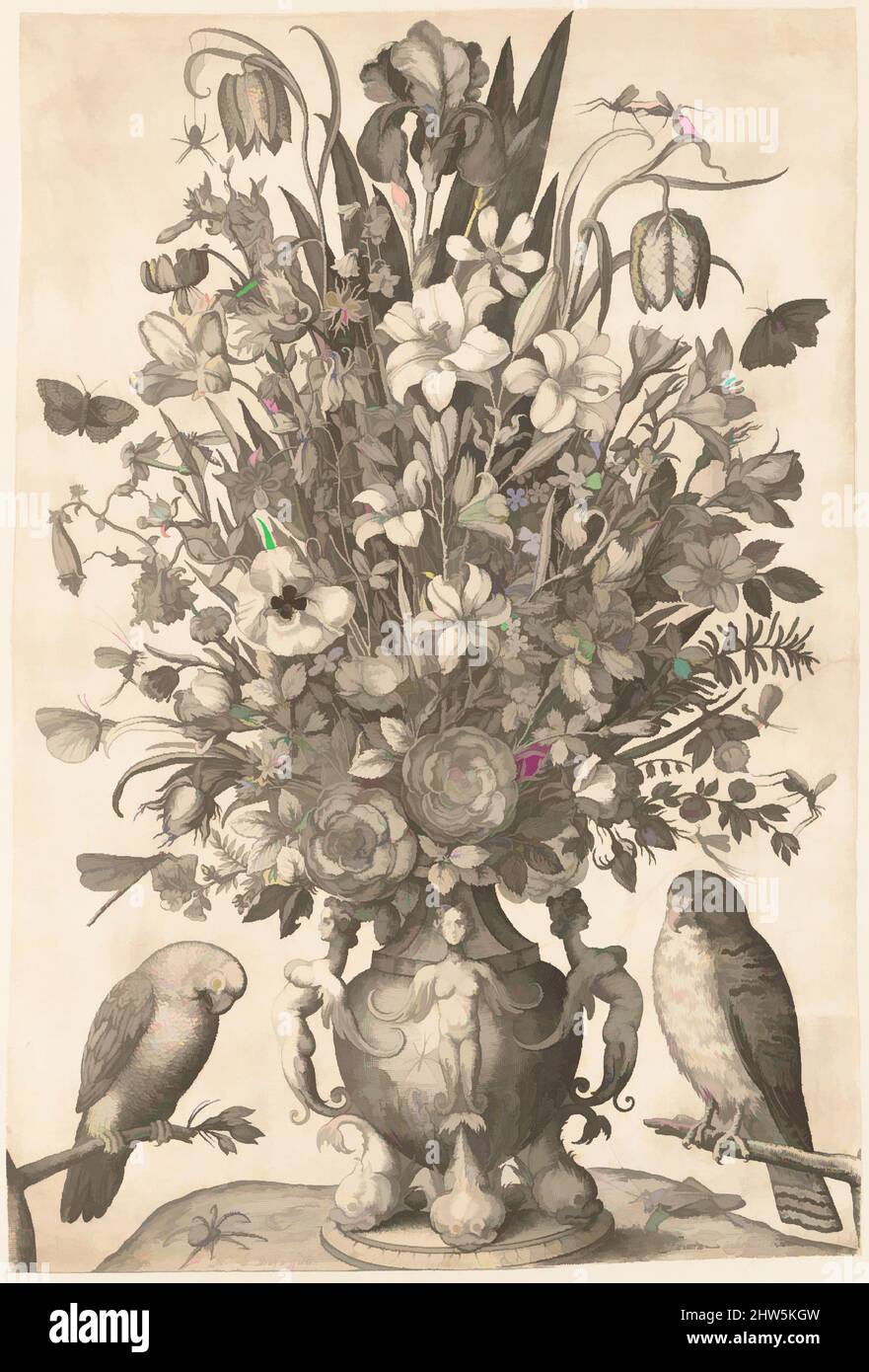 Art Inspired by Vase of Flowers with Two Birds, 1590–1656, Engraving; First state of Three., foglio: 23 3/8 x 15 7/8 in. (59,4 x 40,3 cm), stampe, incise da Nicolaes de Bruyn (Olanda, Anversa 1571–1656 Rotterdam), dopo ? Jacob Savery i (Olanda, ca. 1565–1603, opere classiche modernizzate da Artotop con un tocco di modernità. Forme, colore e valore, impatto visivo accattivante sulle emozioni artistiche attraverso la libertà delle opere d'arte in modo contemporaneo. Un messaggio senza tempo che persegue una nuova direzione selvaggiamente creativa. Artisti che si rivolgono al supporto digitale e creano l'NFT Artotop Foto Stock