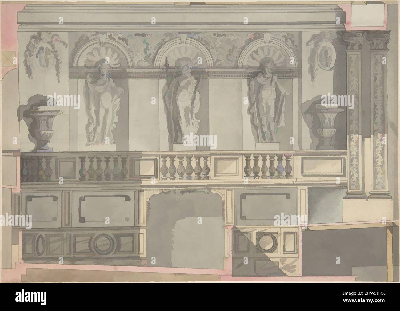 Arte ispirata dal Design for a Court Theatre, 18th Century, inchiostro Pen e black, pennello e lavaggi grigio, rosa e giallo, 7 7/16 x 10 9/16" (18,9 x 26,8 cm), Anonimo, Francese, 18th secolo, opere classiche modernizzate da Artotop con un tuffo di modernità. Forme, colore e valore, impatto visivo accattivante sulle emozioni artistiche attraverso la libertà delle opere d'arte in modo contemporaneo. Un messaggio senza tempo che persegue una nuova direzione selvaggiamente creativa. Artisti che si rivolgono al supporto digitale e creano l'NFT Artotop Foto Stock