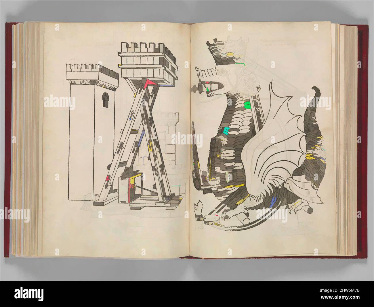 Art Inspired by De Re Militari (on the Military Arts), 1472, libro stampato con 82 illustrazioni in legno impressi a mano; iniziali illuminate e didascalie descrittive aggiunte a mano, 13 x 9 7/16 x 1 7/8 pollici. (33 x 24 x 4,8 cm), Libri, Matteo de' Pasti (Italiano, Verona ca. 1420–, opere classiche modernizzate da Artotop con un tocco di modernità. Forme, colore e valore, impatto visivo accattivante sulle emozioni artistiche attraverso la libertà delle opere d'arte in modo contemporaneo. Un messaggio senza tempo che persegue una nuova direzione selvaggiamente creativa. Artisti che si rivolgono al supporto digitale e creano l'NFT Artotop Foto Stock