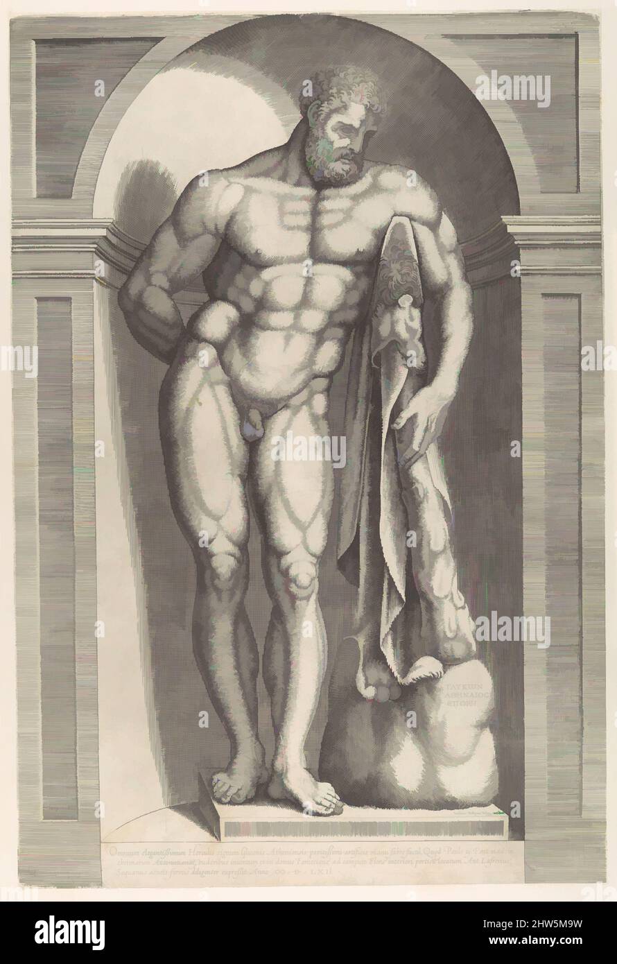 Arte ispirata a Speculum Romanae Magnificentiae: L'Ercole Farnese, 1562, incisione, foglio: 17 7/16 x 11 7/8 pollici. (44,3 x 30,2 cm), stampe, Jacob(us) Bos (Olanda, Hertogenbosch ca ca. 1520, Roma attiva ca. 1549–80, opere classiche modernizzate da Artotop con un tocco di modernità. Forme, colore e valore, impatto visivo accattivante sulle emozioni artistiche attraverso la libertà delle opere d'arte in modo contemporaneo. Un messaggio senza tempo che persegue una nuova direzione selvaggiamente creativa. Artisti che si rivolgono al supporto digitale e creano l'NFT Artotop Foto Stock