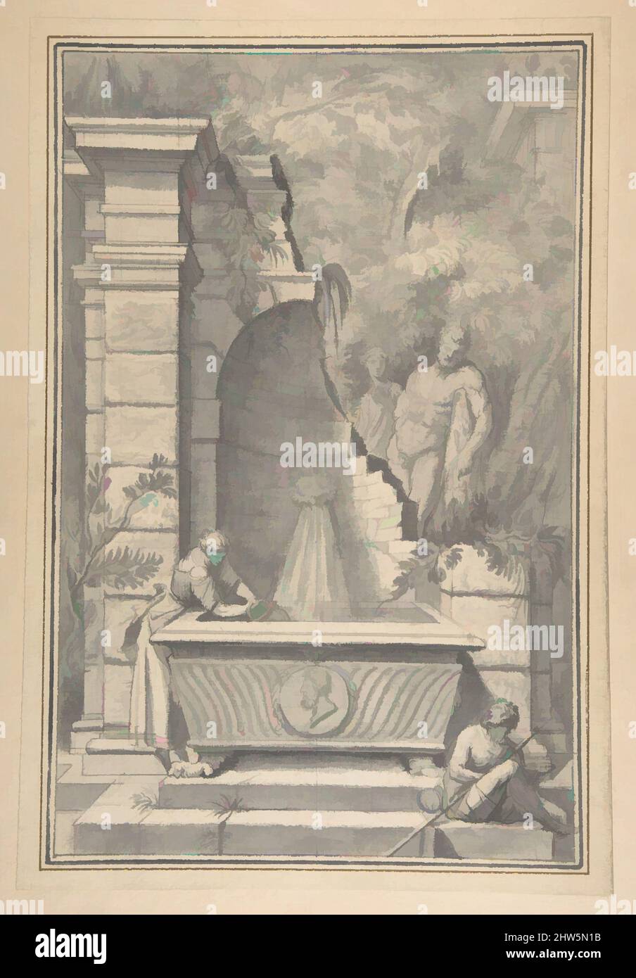 Arte ispirata da una donna in una fontana da un tempio in rovina, l'Ercole Farnese sullo sfondo, 18th secolo, gesso nero, penna e inchiostro grigio, lavaggio grigio, 14 1/4 x 9 3/8 pollici. (36,2 x 23,8 cm), disegni, Johannes Antiquus (olandese, Groninga, 1702–1750, Opere classiche modernizzate da Artotop con un tocco di modernità. Forme, colore e valore, impatto visivo accattivante sulle emozioni artistiche attraverso la libertà delle opere d'arte in modo contemporaneo. Un messaggio senza tempo che persegue una nuova direzione selvaggiamente creativa. Artisti che si rivolgono al supporto digitale e creano l'NFT Artotop Foto Stock