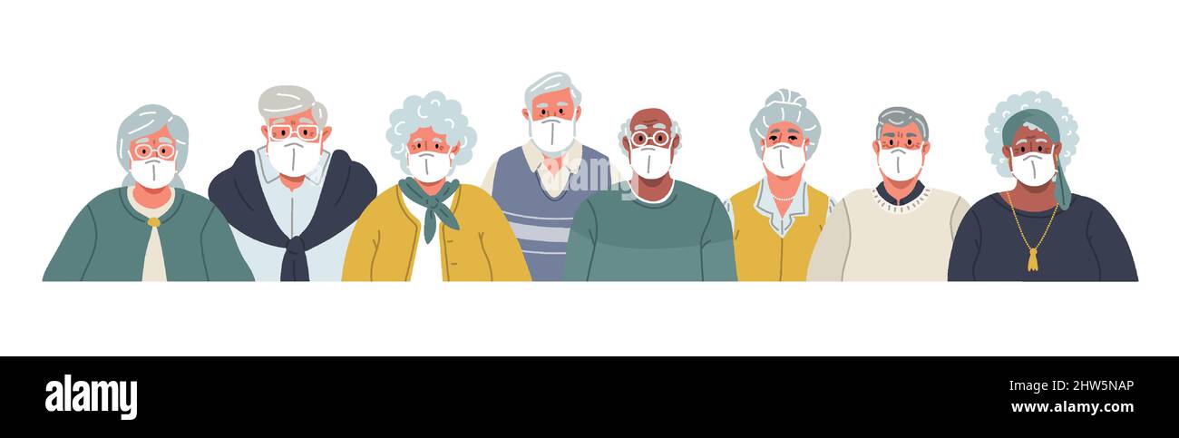 Persone anziane diverse in maschere mediche.illustrazione vettoriale Illustrazione Vettoriale