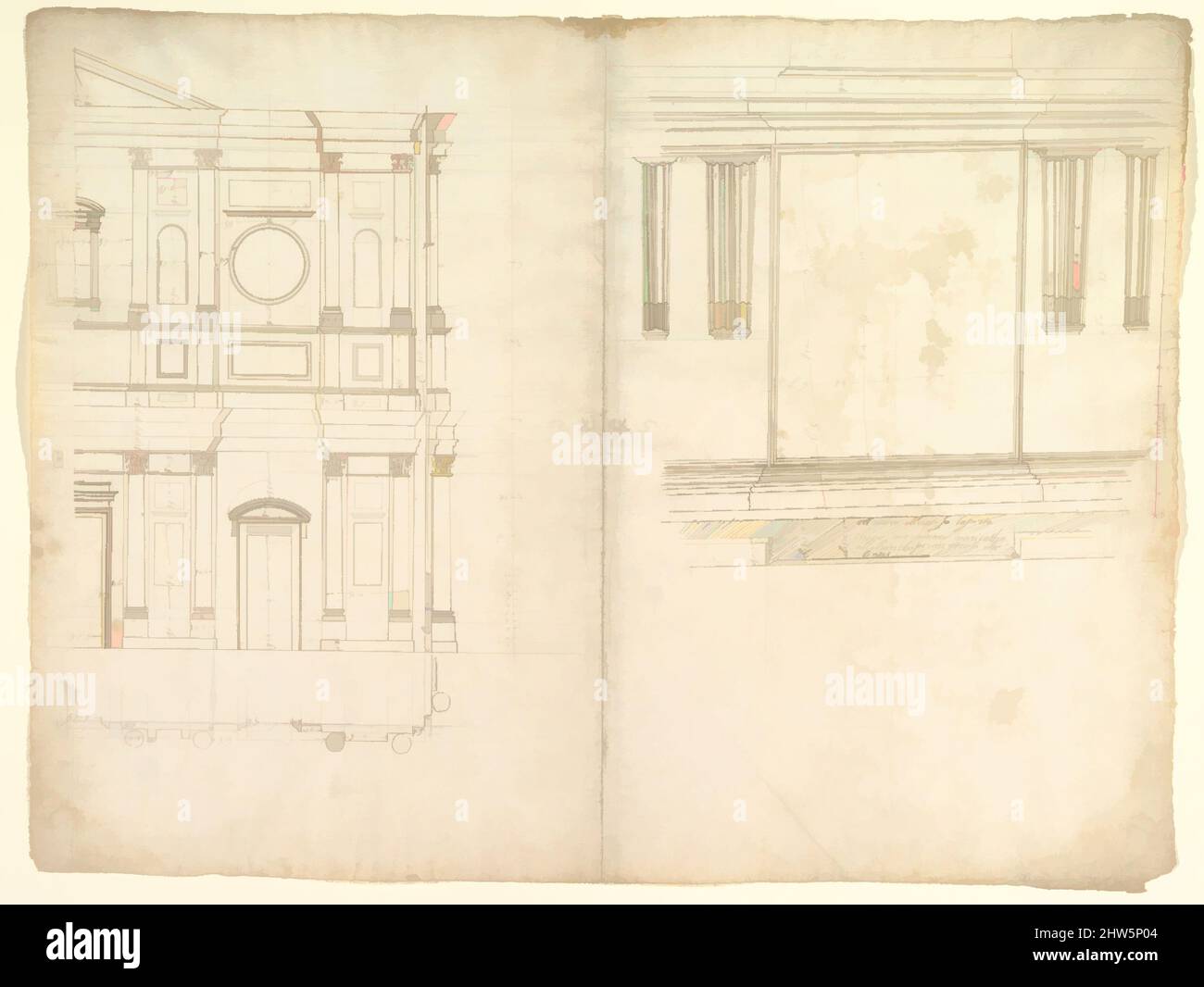 Arte ispirata a San Lorenzo, modello, semifacciata destra (sinistra della cartella); San Lorenzo, Biblioteca, Ricetto, mensole, Altezza (mano destra) (recto) vuota (verso), all'inizio della metà del 16th secolo, inchiostro marrone scuro, gesso nero e linee incise, foglio: 22 13/16 x 17 5/16 pollici (58 x 44 cm, opere classiche modernizzate da Artotop con un tuffo di modernità. Forme, colore e valore, impatto visivo accattivante sulle emozioni artistiche attraverso la libertà delle opere d'arte in modo contemporaneo. Un messaggio senza tempo che persegue una nuova direzione selvaggiamente creativa. Artisti che si rivolgono al supporto digitale e creano l'NFT Artotop Foto Stock
