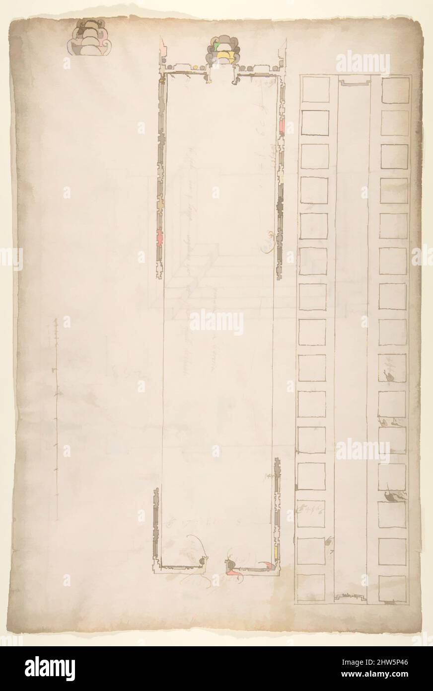 Arte ispirata a San Lorenzo, Biblioteca, piano; piano del soffitto riflesso; scala, Dettaglio (recto) San Lorenzo, Ricetto, piano (verso), inizio a metà del 16th secolo, inchiostro marrone scuro, gesso nero, e linee incise, foglio: 17 3/8 x 11 13/16 pollici (44,1 x 30 cm), disegni, opere classiche modernizzate da Artotop con un tocco di modernità. Forme, colore e valore, impatto visivo accattivante sulle emozioni artistiche attraverso la libertà delle opere d'arte in modo contemporaneo. Un messaggio senza tempo che persegue una nuova direzione selvaggiamente creativa. Artisti che si rivolgono al supporto digitale e creano l'NFT Artotop Foto Stock
