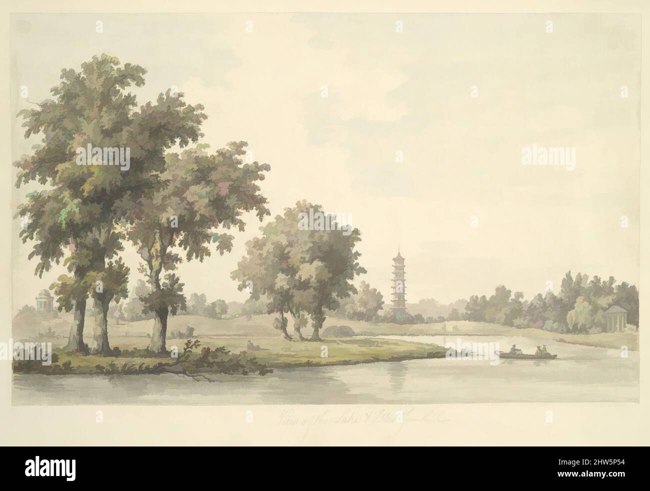 Arte ispirata dalla vista del lago e dell'isola dal prato a Kew, 1763, acquerello, foglio: 11 3/16 x 17 13/16 poll. (28,4 x 45,2 cm), disegni, William Marlow (British, Southwark, London 1740/41–1813 Twickenham, Londra), questo delicato acquerello raffigura una vista nella Royal Botanic, opere classiche modernizzate da Artotop con un tuffo di modernità. Forme, colore e valore, impatto visivo accattivante sulle emozioni artistiche attraverso la libertà delle opere d'arte in modo contemporaneo. Un messaggio senza tempo che persegue una nuova direzione selvaggiamente creativa. Artisti che si rivolgono al supporto digitale e creano l'NFT Artotop Foto Stock