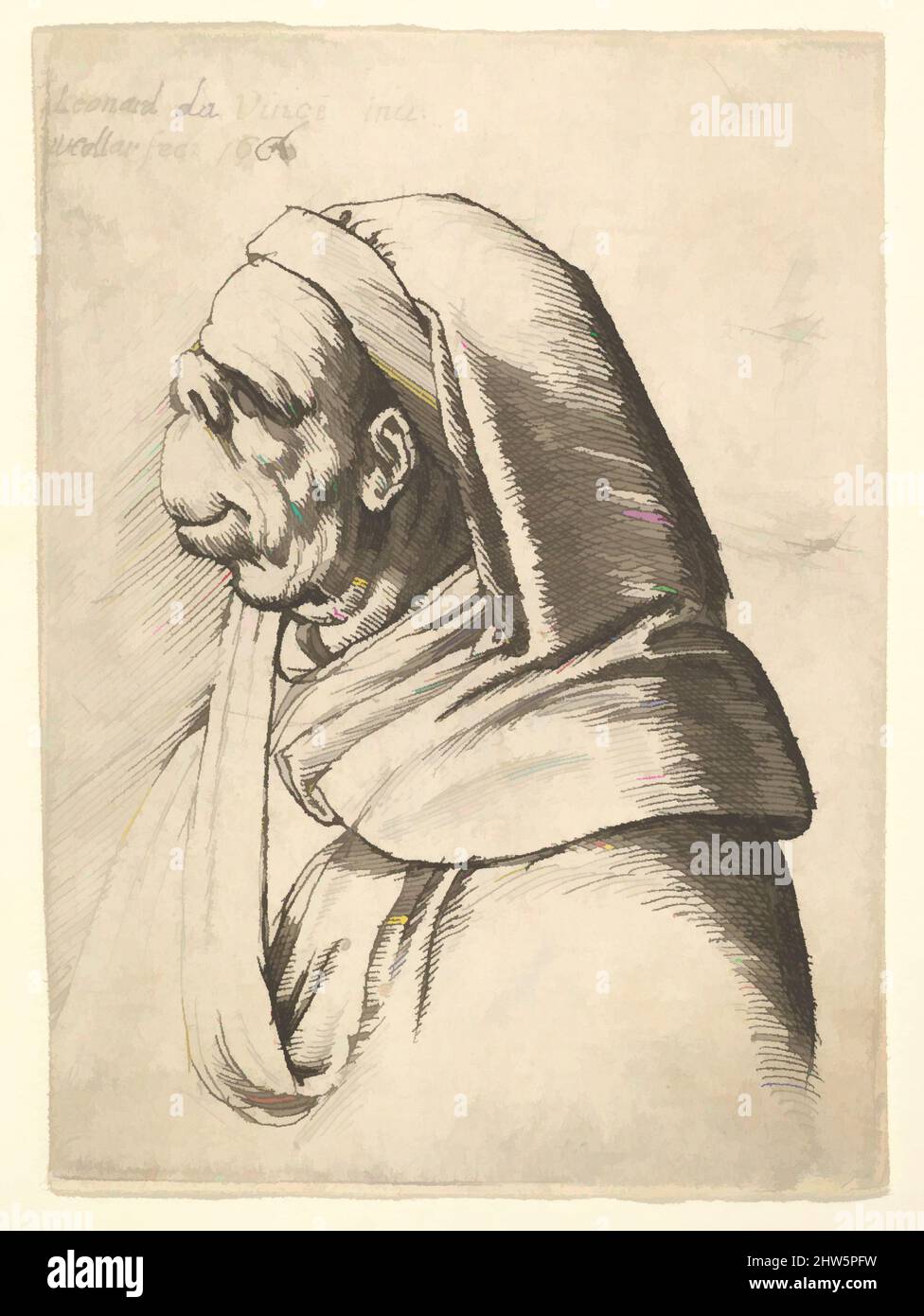 Arte ispirata da Bust di un uomo con un piccolo naso girato-up e labbro superiore molto alto, indossare cappuccio, in profilo a sinistra, 1666, attacco; solo stato, piastra: 2 5/8 x 1 15/16 poll. (6,7 x 4,9 cm), stampe, Venceslao Hollar (Bohemian, Praga 1607–1677 Londra, opere classiche modernizzate da Artotop con un tuffo di modernità. Forme, colore e valore, impatto visivo accattivante sulle emozioni artistiche attraverso la libertà delle opere d'arte in modo contemporaneo. Un messaggio senza tempo che persegue una nuova direzione selvaggiamente creativa. Artisti che si rivolgono al supporto digitale e creano l'NFT Artotop Foto Stock