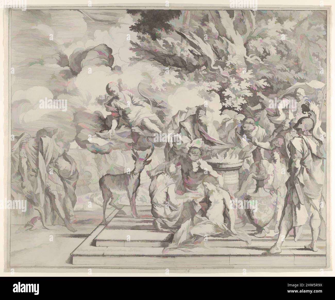 Arte ispirata al sacrificio di Ifigenia, ca. 1640–42, incisione con punto secco, piastra: 14 11/16 x 18 1/8 poll. (37,3 x 46 cm), portfolios, Pietro testa (Lucca 1612–1650 Roma), fu scelto il re miceneo Agamennone, insieme al fratello Menelaus, il marito aggraziato di Helen, opere classiche modernizzate da Artotop con un tocco di modernità. Forme, colore e valore, impatto visivo accattivante sulle emozioni artistiche attraverso la libertà delle opere d'arte in modo contemporaneo. Un messaggio senza tempo che persegue una nuova direzione selvaggiamente creativa. Artisti che si rivolgono al supporto digitale e creano l'NFT Artotop Foto Stock