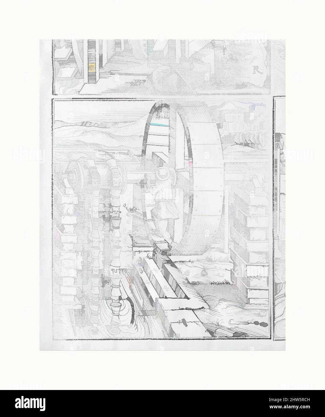 Arte ispirata a i dieci libri dell'architettura di M. Vitruvio tradutti et commentati da monsignor Barbaro eletto patriarca d'aquileggia, 1556, libro stampato con illustrazioni in legno, 14 13/16 x 11 1/8 x 1 1/4 pollici. (37,6 x 28,2 x 3,1 cm, opere classiche modernizzate da Artotop con un tocco di modernità. Forme, colore e valore, impatto visivo accattivante sulle emozioni artistiche attraverso la libertà delle opere d'arte in modo contemporaneo. Un messaggio senza tempo che persegue una nuova direzione selvaggiamente creativa. Artisti che si rivolgono al supporto digitale e creano l'NFT Artotop Foto Stock