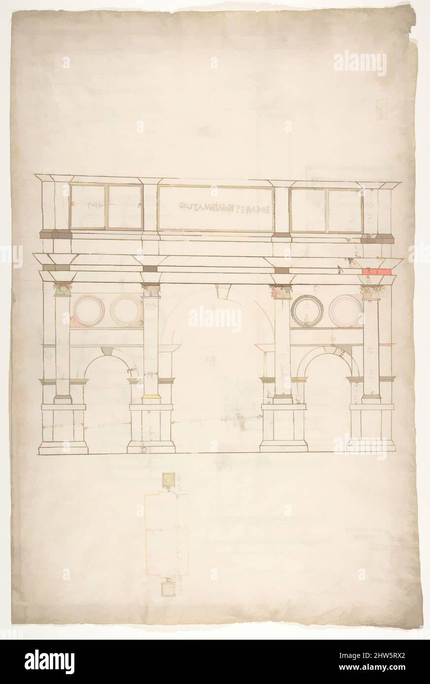 Arte ispirata dall'Arco di Costantino, Arco di Costantino, piano parziale (recto), profili di base, albero ed entablatura (verso), ca. 1540–60, inchiostro marrone scuro, gesso nero e linee incise, foglio: 17 5/16 x 11 9/16 pollici (44 x 29,3 cm, opere classiche modernizzate da Artotop con un tuffo di modernità. Forme, colore e valore, impatto visivo accattivante sulle emozioni artistiche attraverso la libertà delle opere d'arte in modo contemporaneo. Un messaggio senza tempo che persegue una nuova direzione selvaggiamente creativa. Artisti che si rivolgono al supporto digitale e creano l'NFT Artotop Foto Stock