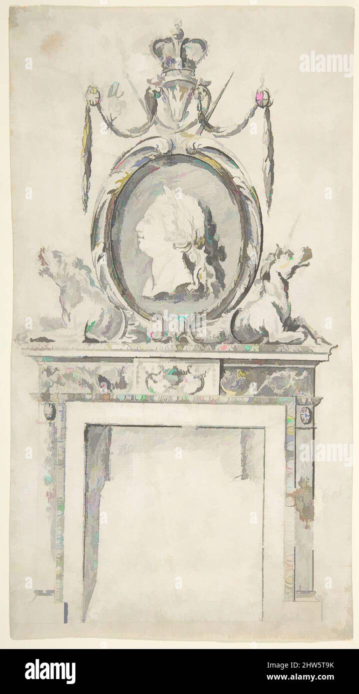 Arte ispirata al Design for a Chimneypiece, che incorpora un Ritratto di Giorgio III, 1760–69, inchiostro Pen e marrone, grigio lavaggio e grafite, foglio: 9 x 4 15/16 pollici. (22,9 x 12,5 cm), Sir William Chambers (British (nata Svezia), Göteborg 1723–1796 Londra, opere classiche modernizzate da Artotop con un tuffo di modernità. Forme, colore e valore, impatto visivo accattivante sulle emozioni artistiche attraverso la libertà delle opere d'arte in modo contemporaneo. Un messaggio senza tempo che persegue una nuova direzione selvaggiamente creativa. Artisti che si rivolgono al supporto digitale e creano l'NFT Artotop Foto Stock