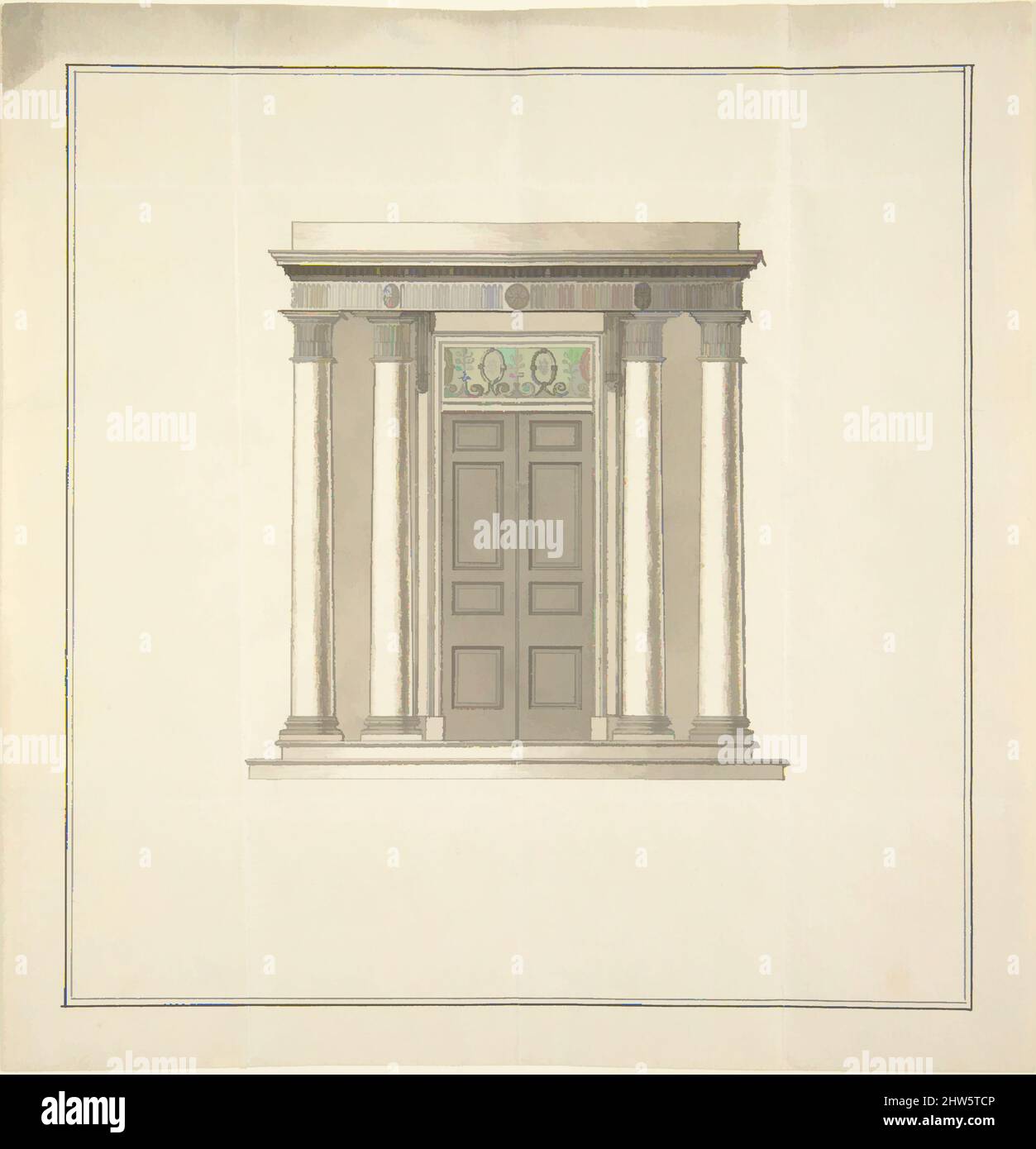 Arte ispirata dal Design per una porta con portico in stile classico, 18th secolo, penna e inchiostro nero, pennello e lavaggio nero e verde, foglio: 7 1/2 x 7 3/8 pollici. (19,1 x 18,7 cm), Anonymous, British, 18th secolo, opere classiche modernizzate da Artotop con un tuffo di modernità. Forme, colore e valore, impatto visivo accattivante sulle emozioni artistiche attraverso la libertà delle opere d'arte in modo contemporaneo. Un messaggio senza tempo che persegue una nuova direzione selvaggiamente creativa. Artisti che si rivolgono al supporto digitale e creano l'NFT Artotop Foto Stock