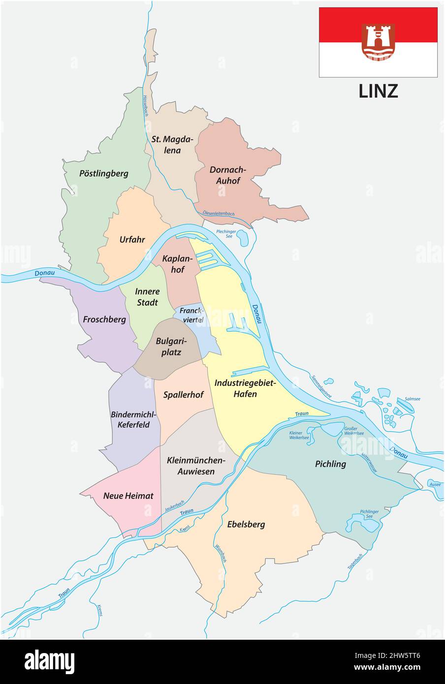 Mappa vettoriale amministrativa dell'alta capitale austriaca Linz con bandiera Illustrazione Vettoriale