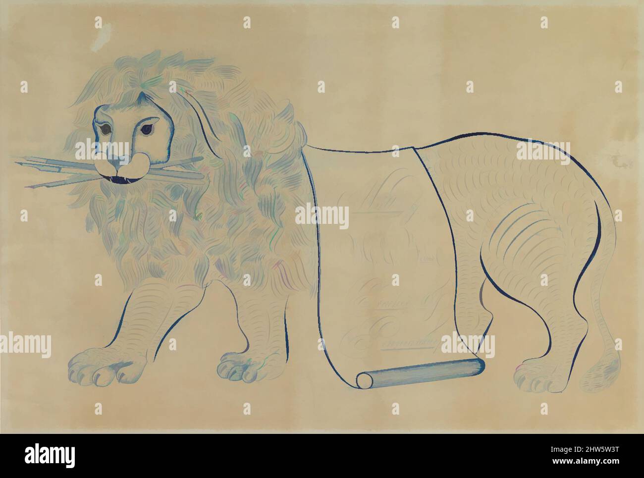 Arte ispirata al Leone ornamentale composto da rotoli, Holding Pens, 18th Century, penna e inchiostro, foglio: 11 1/2 x 20 5/8 poll. (29,2 x 52,4 cm), H. E. Forbes (British, 18th secolo, opere classiche modernizzate da Artotop con un tuffo di modernità. Forme, colore e valore, impatto visivo accattivante sulle emozioni artistiche attraverso la libertà delle opere d'arte in modo contemporaneo. Un messaggio senza tempo che persegue una nuova direzione selvaggiamente creativa. Artisti che si rivolgono al supporto digitale e creano l'NFT Artotop Foto Stock