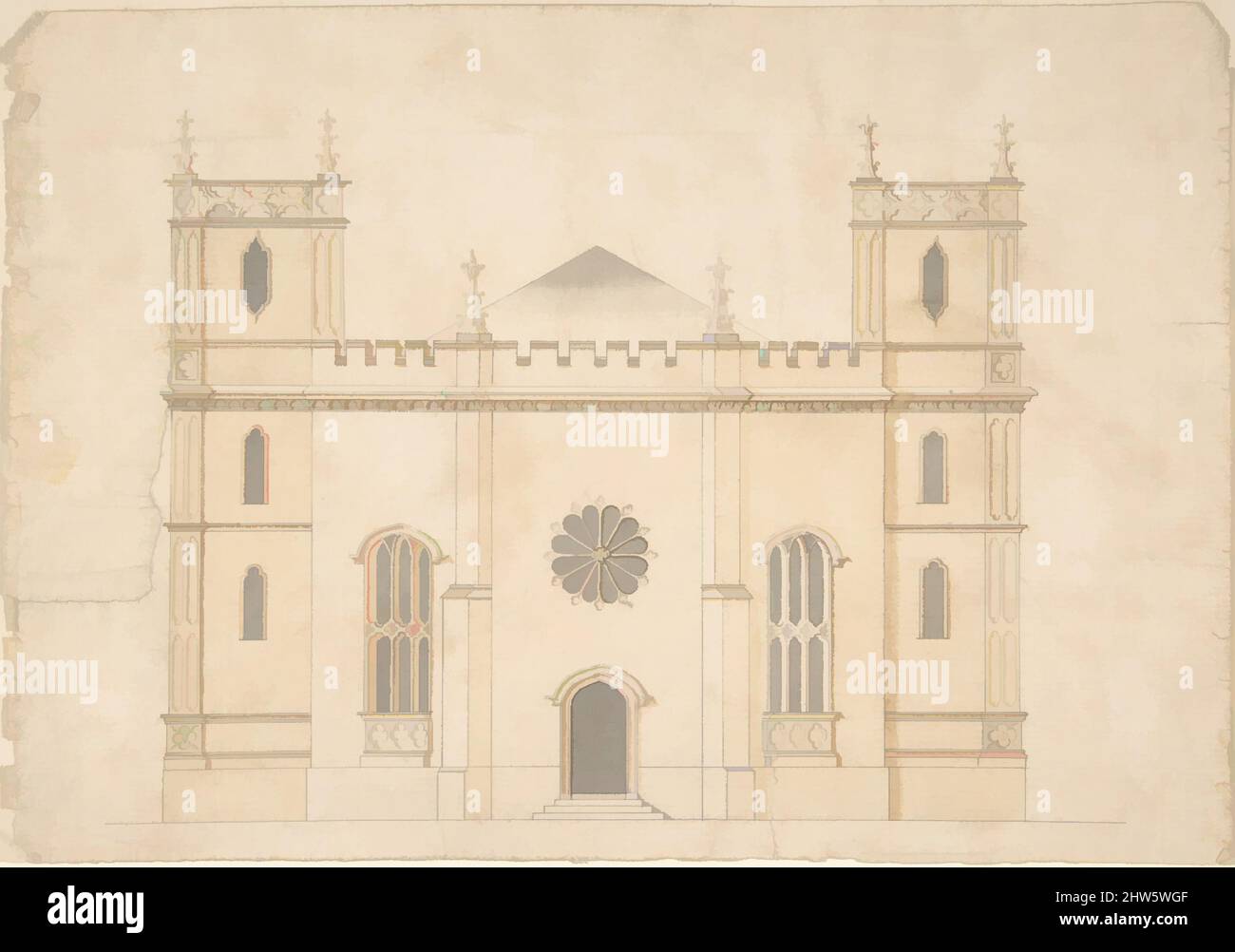 Arte ispirata dalla facciata di una chiesa gotica Revival, 1745–76, penna e inchiostro nero, inchiostro grigio e acquerello, immagine: 6 9/16 x 9 7/16 pollici. (16,6 x 23,9 cm), attribuito a Henry Keene (British, Ealing 1726–1776 Ealing, opere classiche modernizzate da Artotop con un tuffo di modernità. Forme, colore e valore, impatto visivo accattivante sulle emozioni artistiche attraverso la libertà delle opere d'arte in modo contemporaneo. Un messaggio senza tempo che persegue una nuova direzione selvaggiamente creativa. Artisti che si rivolgono al supporto digitale e creano l'NFT Artotop Foto Stock