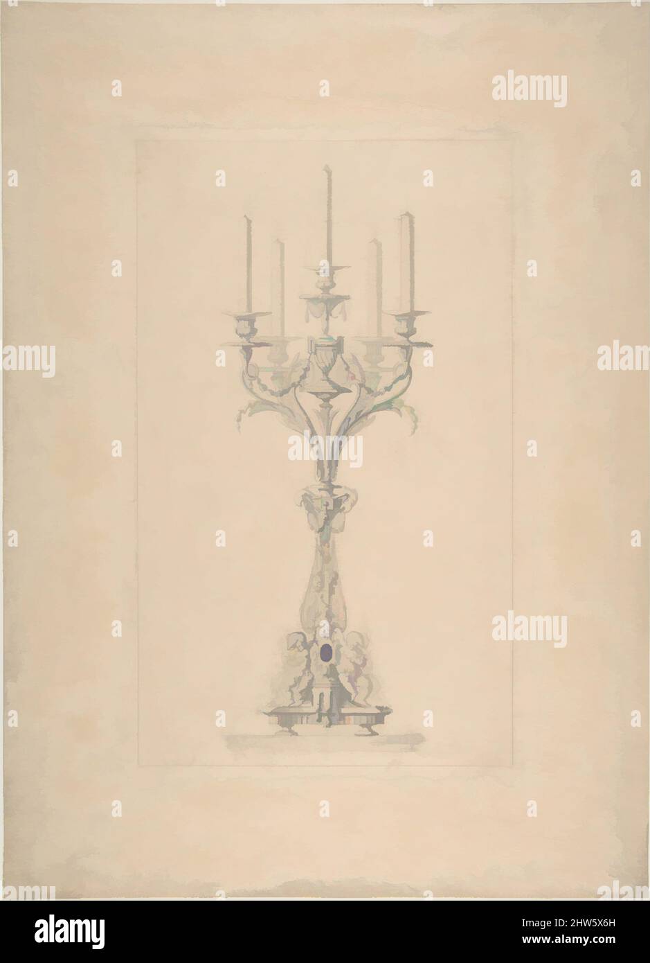 Arte ispirata dal design per un Candlestick a cinque ramificazioni supportato da Putti, fine 19th-metà 20th secolo, grafite e lavaggio, foglio: 10 x 3 5/8 pollici. (25,4 x 9,2 cm), Anonymous, British, fine 19th a inizio 20th secolo, opere classiche modernizzate da Artotop con un tuffo di modernità. Forme, colore e valore, impatto visivo accattivante sulle emozioni artistiche attraverso la libertà delle opere d'arte in modo contemporaneo. Un messaggio senza tempo che persegue una nuova direzione selvaggiamente creativa. Artisti che si rivolgono al supporto digitale e creano l'NFT Artotop Foto Stock