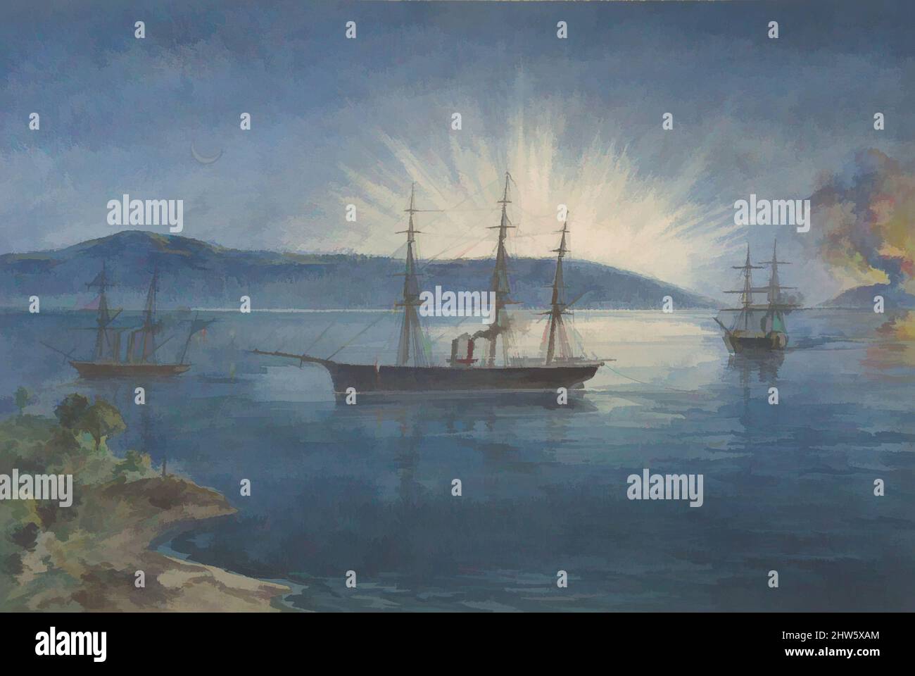 Arte ispirata dalla Baia di Bull Arms, Trinity Bay, Terranova, falò illuminati sulle colline per notificare l'arrivo della flotta via cavo il 5th agosto 1858, 1865–66, acquerello su grafite con tocchi di gouache, foglio: 10 9/16 x 15 3/4 pollici. (26,9 x 40 cm), disegni, Robert, opere classiche modernizzate da Artotop con un tuffo di modernità. Forme, colore e valore, impatto visivo accattivante sulle emozioni artistiche attraverso la libertà delle opere d'arte in modo contemporaneo. Un messaggio senza tempo che persegue una nuova direzione selvaggiamente creativa. Artisti che si rivolgono al supporto digitale e creano l'NFT Artotop Foto Stock