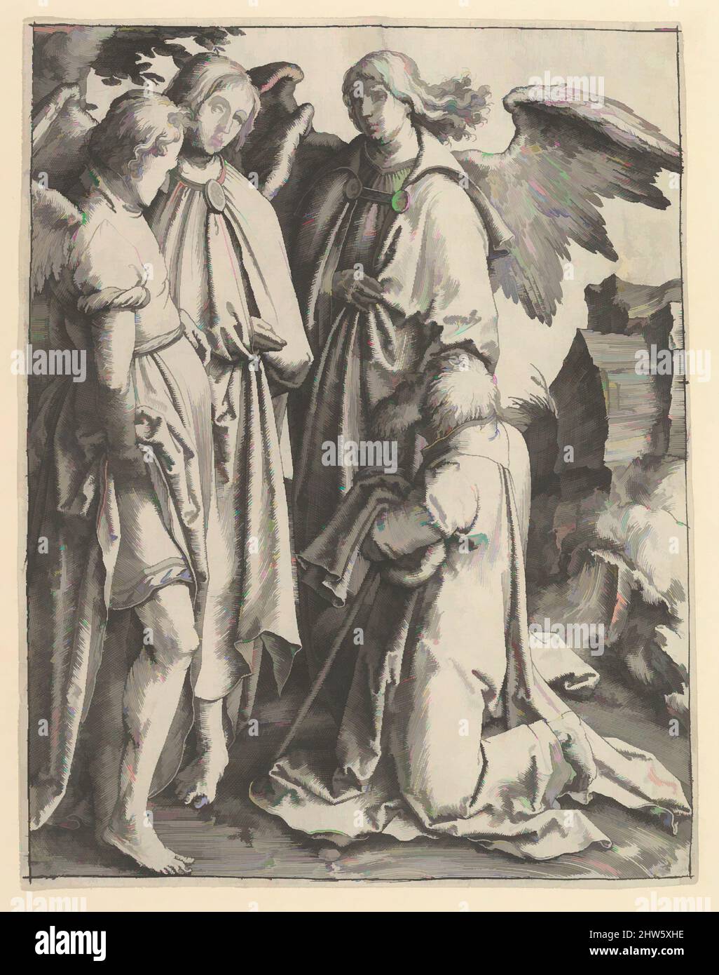 Arte ispirata ad Abramo e tre Angeli, ca. 1513, incisione, foglio: 7 x 5 7/16 poll. (17,7 x 13,8 cm), stampe, Lucas van Leyden (Olanda, Leida ca. 1494–1533 Leiden, opere classiche modernizzate da Artotop con un tocco di modernità. Forme, colore e valore, impatto visivo accattivante sulle emozioni artistiche attraverso la libertà delle opere d'arte in modo contemporaneo. Un messaggio senza tempo che persegue una nuova direzione selvaggiamente creativa. Artisti che si rivolgono al supporto digitale e creano l'NFT Artotop Foto Stock