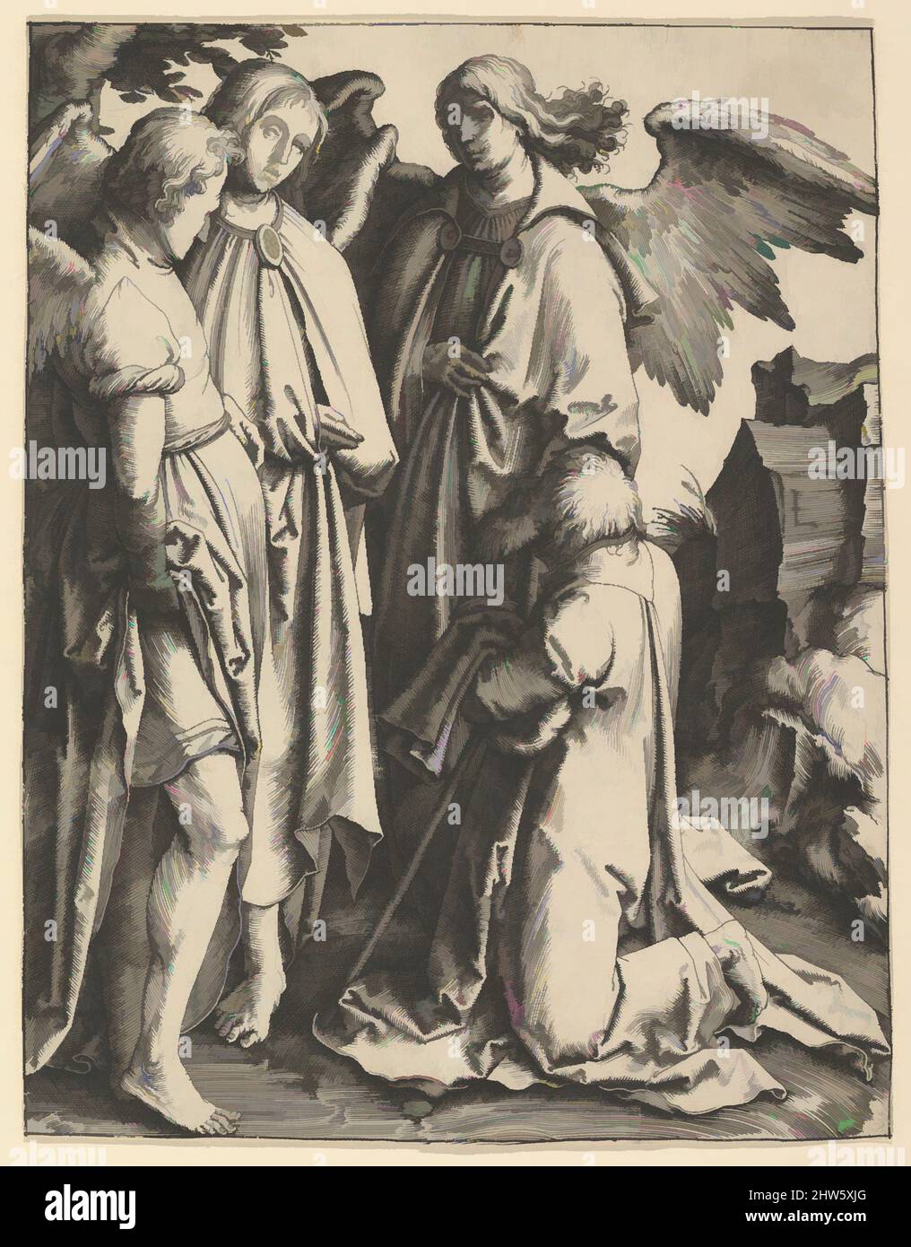 Arte ispirata ad Abramo e tre Angeli, ca. 1513, incisione, foglio: 6 15/16 x 5 7/16 poll. (17,6 x 13,8 cm), stampe, Lucas van Leyden (Olanda, Leida ca. 1494–1533 Leiden, opere classiche modernizzate da Artotop con un tocco di modernità. Forme, colore e valore, impatto visivo accattivante sulle emozioni artistiche attraverso la libertà delle opere d'arte in modo contemporaneo. Un messaggio senza tempo che persegue una nuova direzione selvaggiamente creativa. Artisti che si rivolgono al supporto digitale e creano l'NFT Artotop Foto Stock