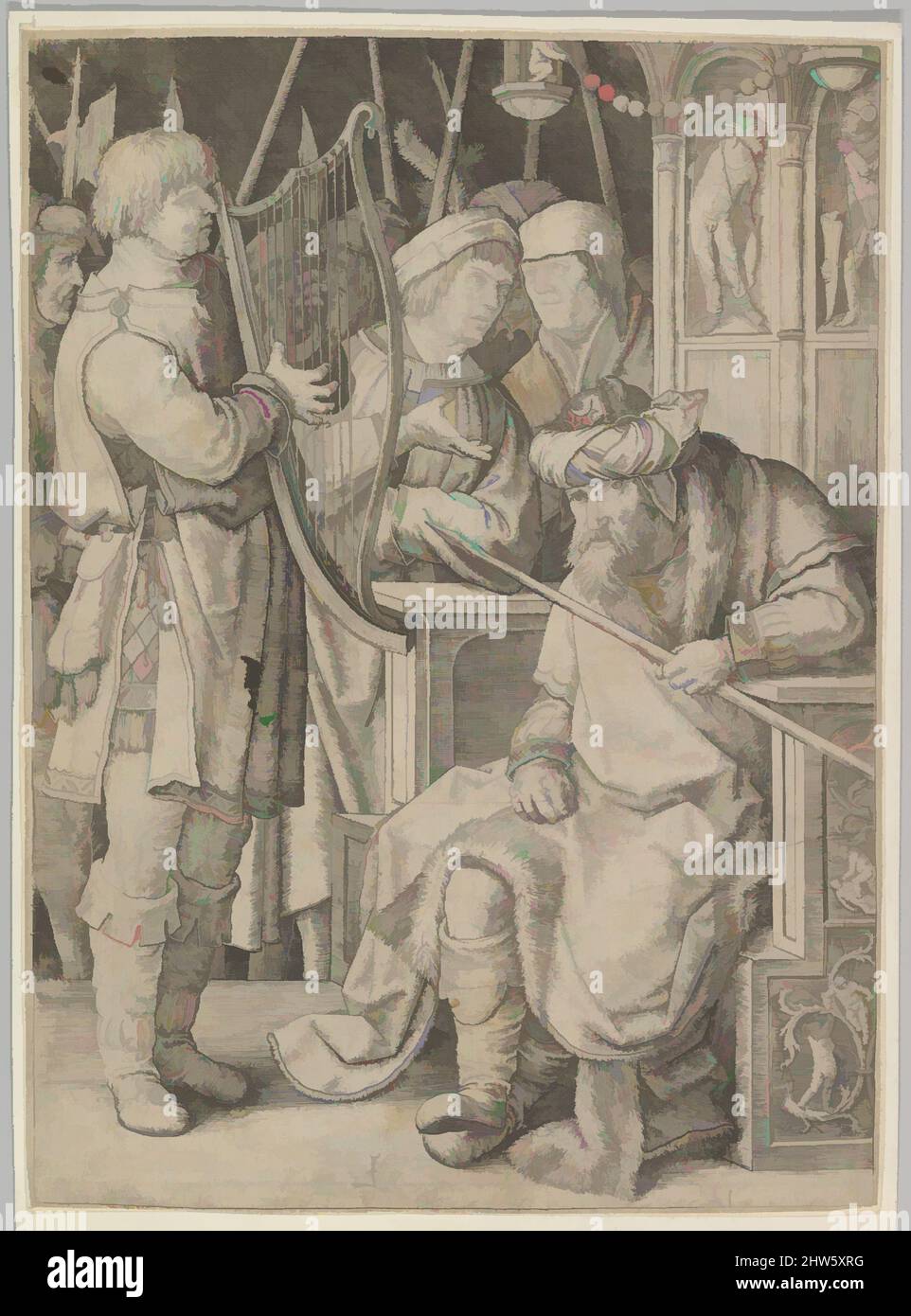 Arte ispirata da David giocando l'arpa prima di Saul, ca. 1508, incisione; terzo stato, stampe, Lucas van Leyden (Netherlandish, Leiden ca. 1494–1533 Leiden, opere classiche modernizzate da Artotop con un tocco di modernità. Forme, colore e valore, impatto visivo accattivante sulle emozioni artistiche attraverso la libertà delle opere d'arte in modo contemporaneo. Un messaggio senza tempo che persegue una nuova direzione selvaggiamente creativa. Artisti che si rivolgono al supporto digitale e creano l'NFT Artotop Foto Stock