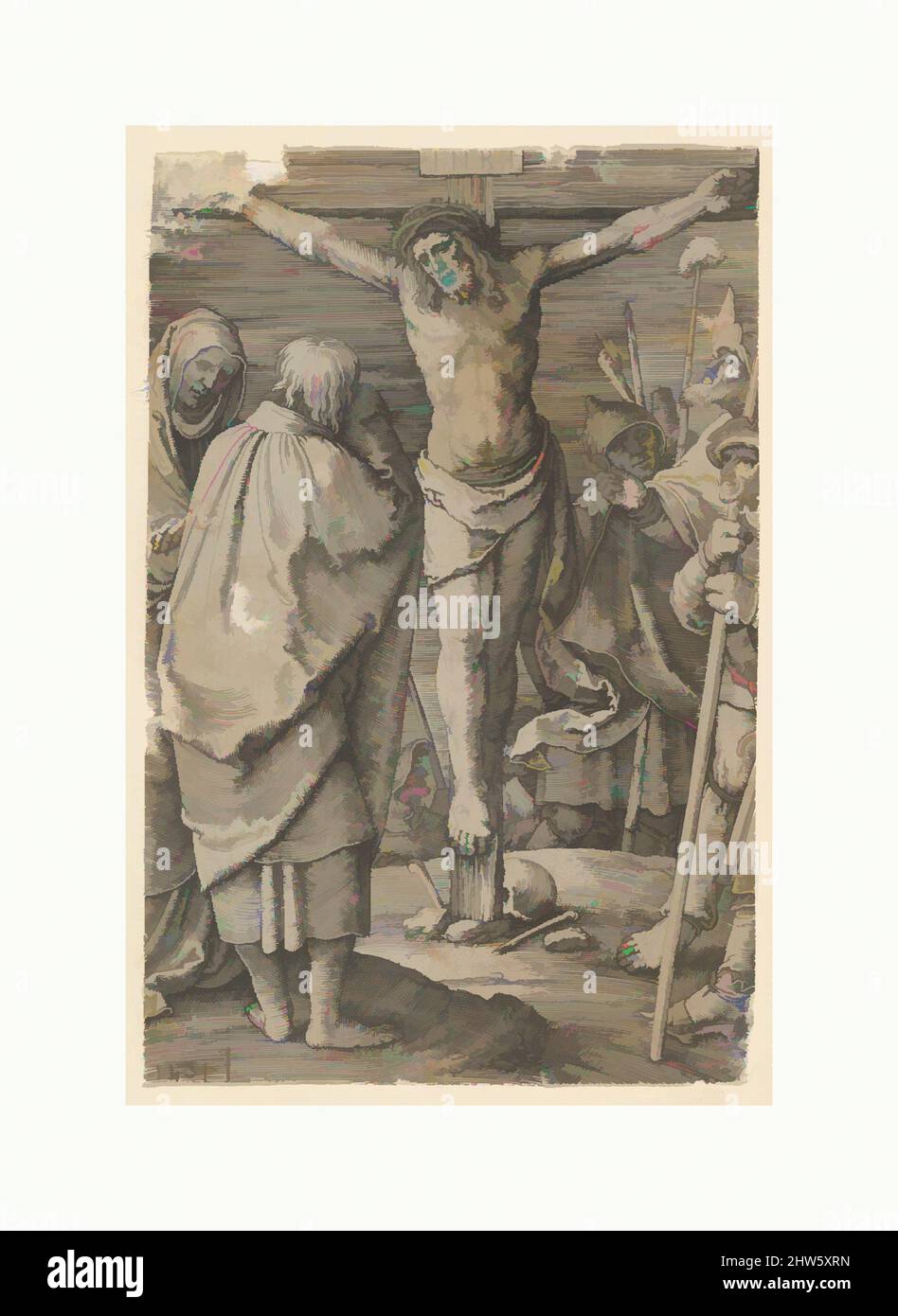 Art Inspired by Crucifixion, della serie The Passion, 1521, incisione, foglio: 4 3/8 x 2 7/8 poll. (11,1 x 7,3 cm), stampe, Lucas van Leyden (Olanda, Leida ca. 1494–1533 Leiden, opere classiche modernizzate da Artotop con un tocco di modernità. Forme, colore e valore, impatto visivo accattivante sulle emozioni artistiche attraverso la libertà delle opere d'arte in modo contemporaneo. Un messaggio senza tempo che persegue una nuova direzione selvaggiamente creativa. Artisti che si rivolgono al supporto digitale e creano l'NFT Artotop Foto Stock