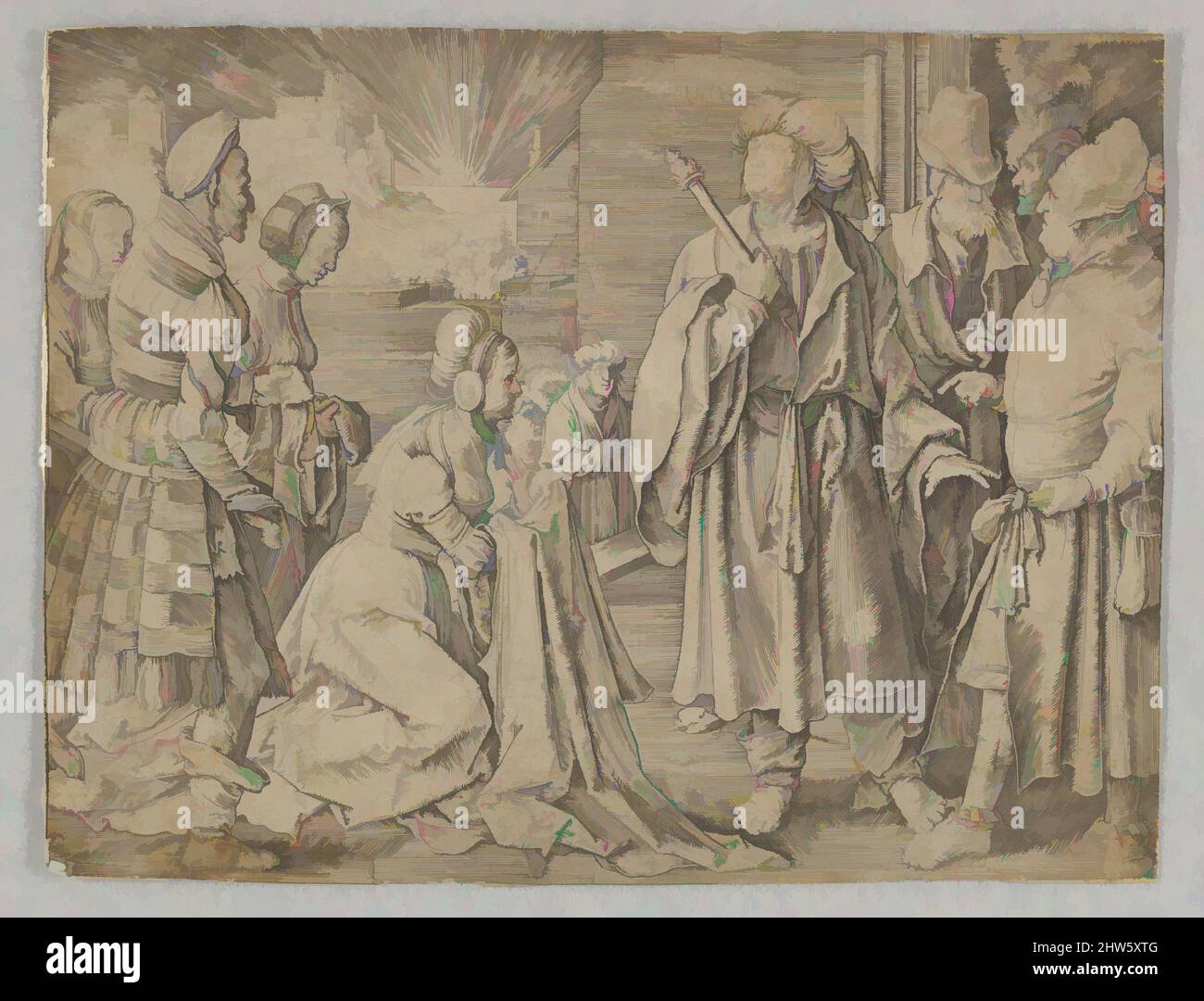 Arte ispirata dalla moglie di Potiphar Acuses Joseph, 1512, incisione; terzo stato, stampe, Lucas van Leyden (Netherlandish, Leiden ca. 1494–1533 Leiden, opere classiche modernizzate da Artotop con un tocco di modernità. Forme, colore e valore, impatto visivo accattivante sulle emozioni artistiche attraverso la libertà delle opere d'arte in modo contemporaneo. Un messaggio senza tempo che persegue una nuova direzione selvaggiamente creativa. Artisti che si rivolgono al supporto digitale e creano l'NFT Artotop Foto Stock